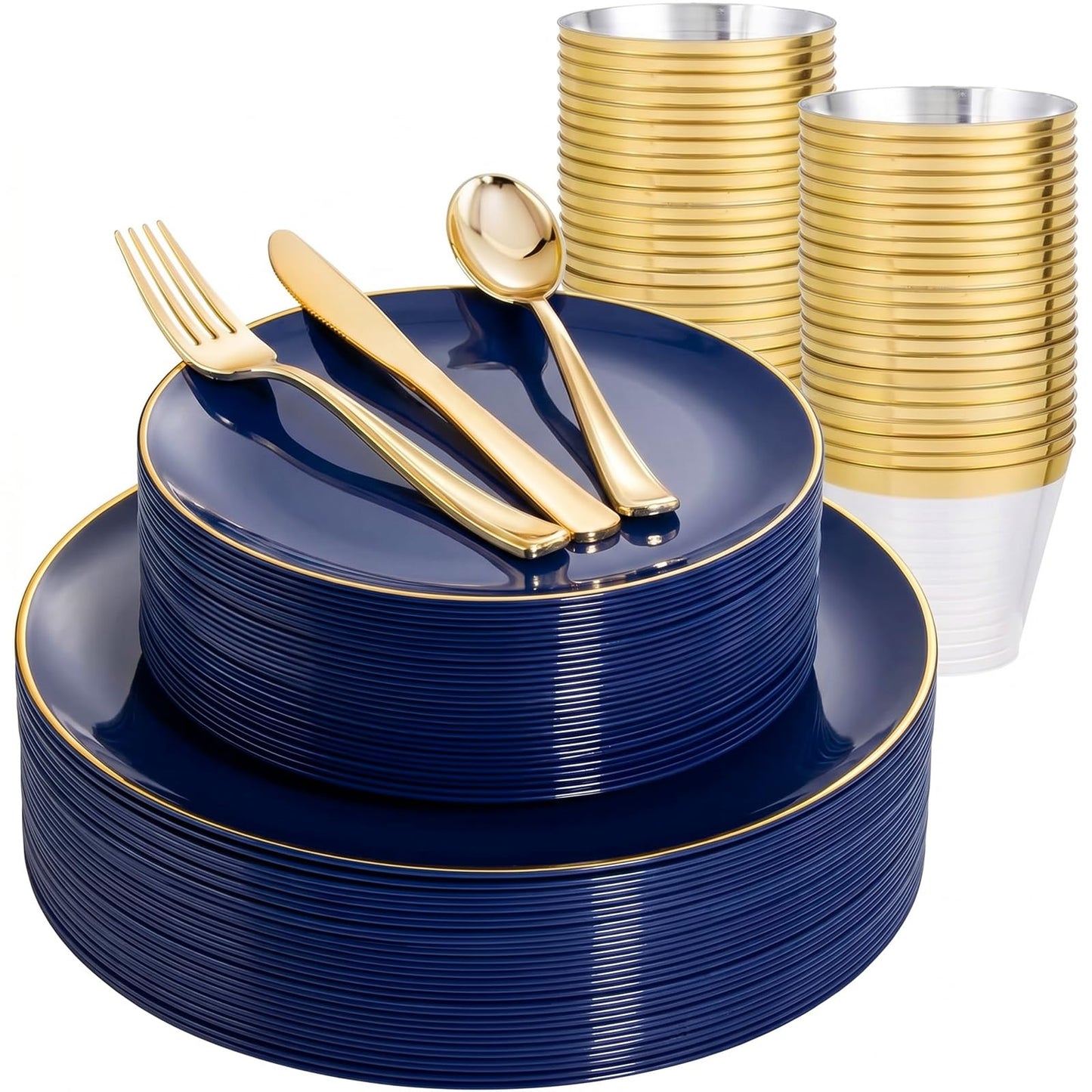 WDF 150Pcs Blue Plastic Plates - Blue and Gold Disposable Plates - 25guest Disposable Dinnerware Include 25 Dinner Plate, 25 Dessert Plate, 75 Cutlery & 25 9oz Cups for Wedding & Parties