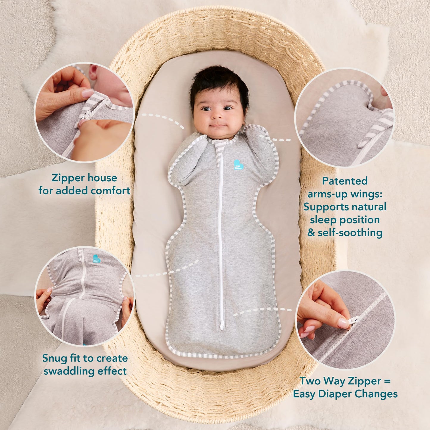 Love to Dream Swaddle UP, Warm 2.5 TOG, Dramatically Better Sleep, Allow Baby to Sleep in Preferred Arms Up Position for Self-Soothing, Snug Fit Calms Startle Reflex, Medium 13-19lbs, Oatmeal Bees