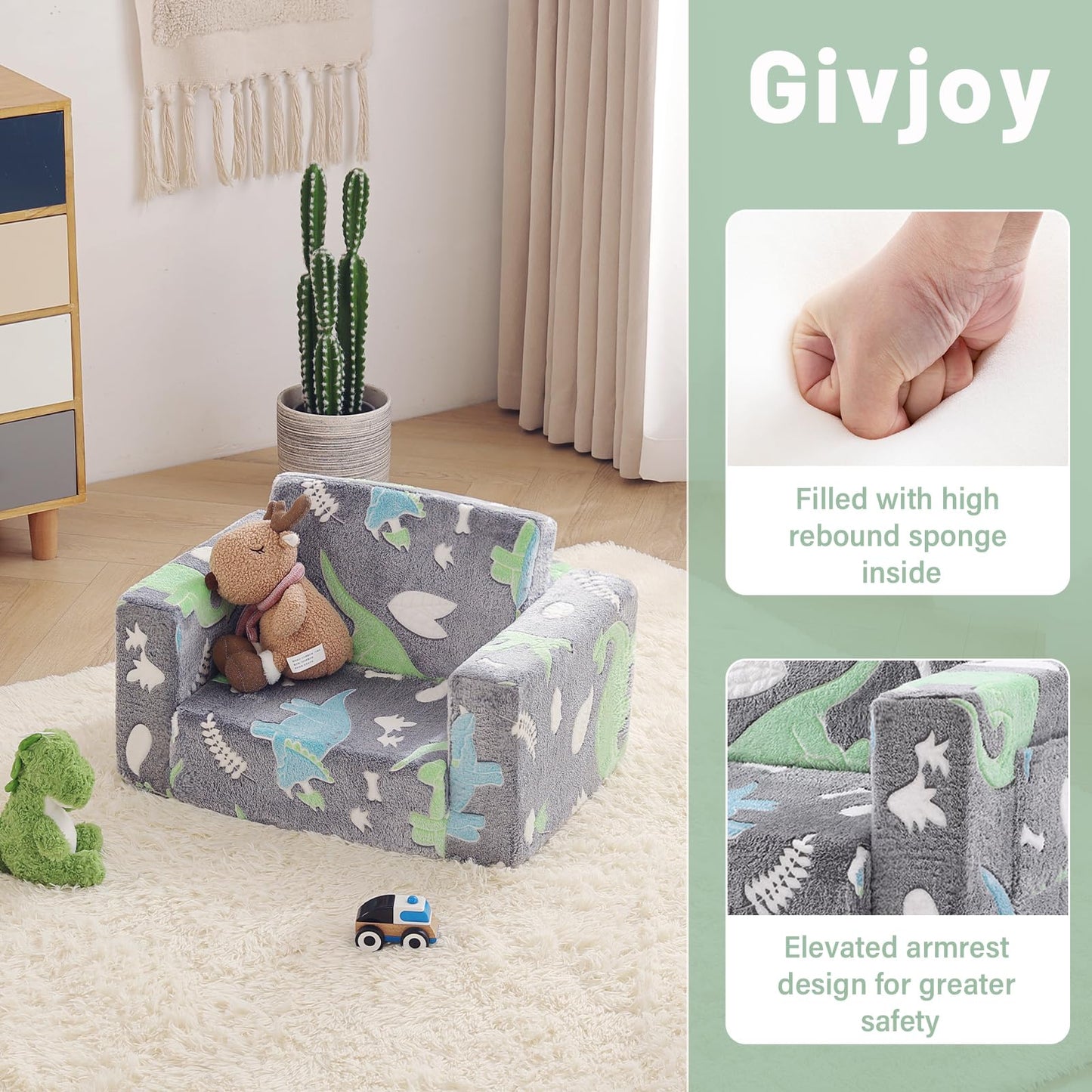 Givjoy Toddler Chair Kids Couch, 2-in-1 Comfy Armchair with Removable and Washable Cover Carrying Handle, Convertible Reading Chair Toddler Couch for Girls and Boys