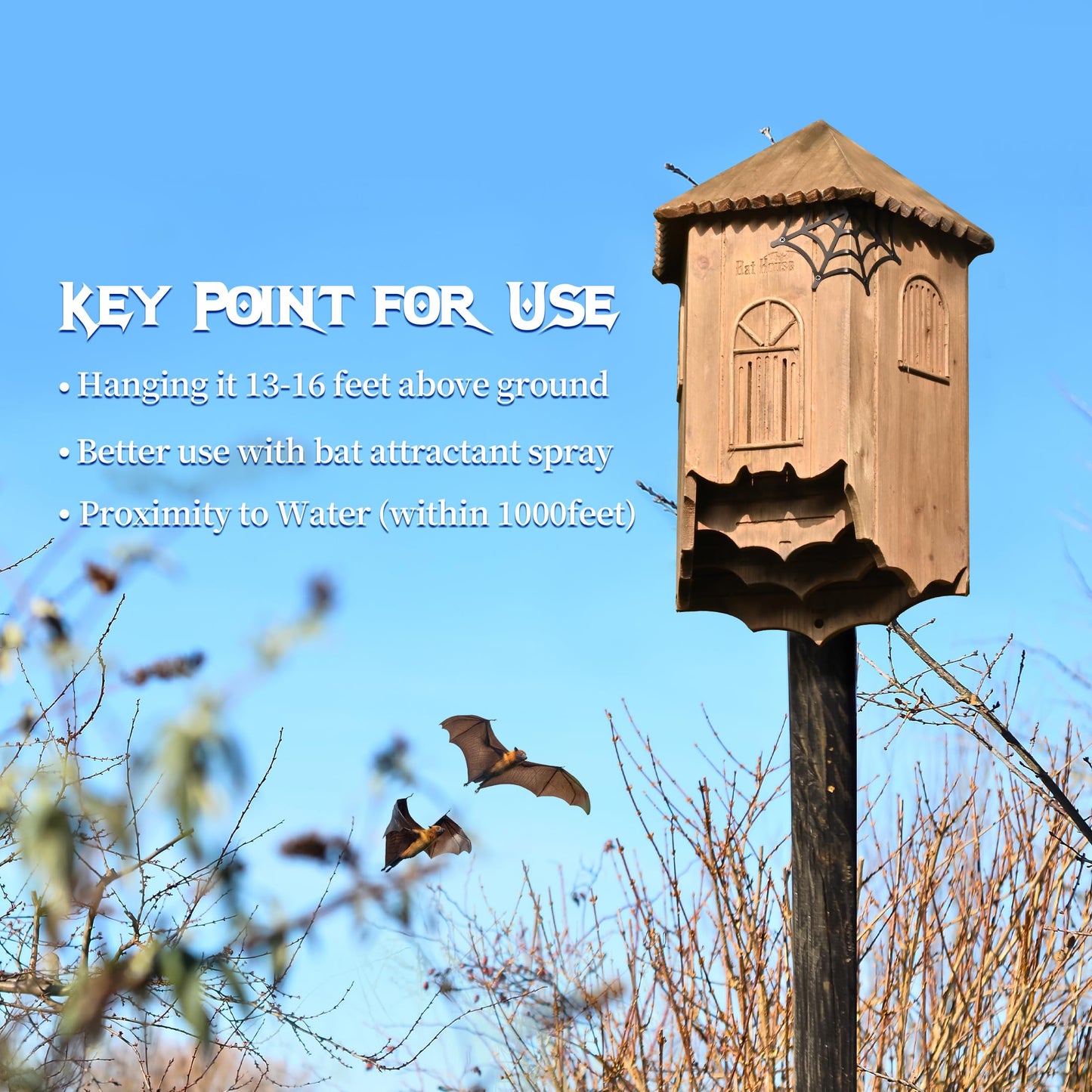 Wooden Castle Bat House with Gatehouse/Tower/Curtain Wall Design, Large Ventilated 2/3 Chamber Bat Box, Ideal for Outdoor Bat Attraction, Easy to Hang