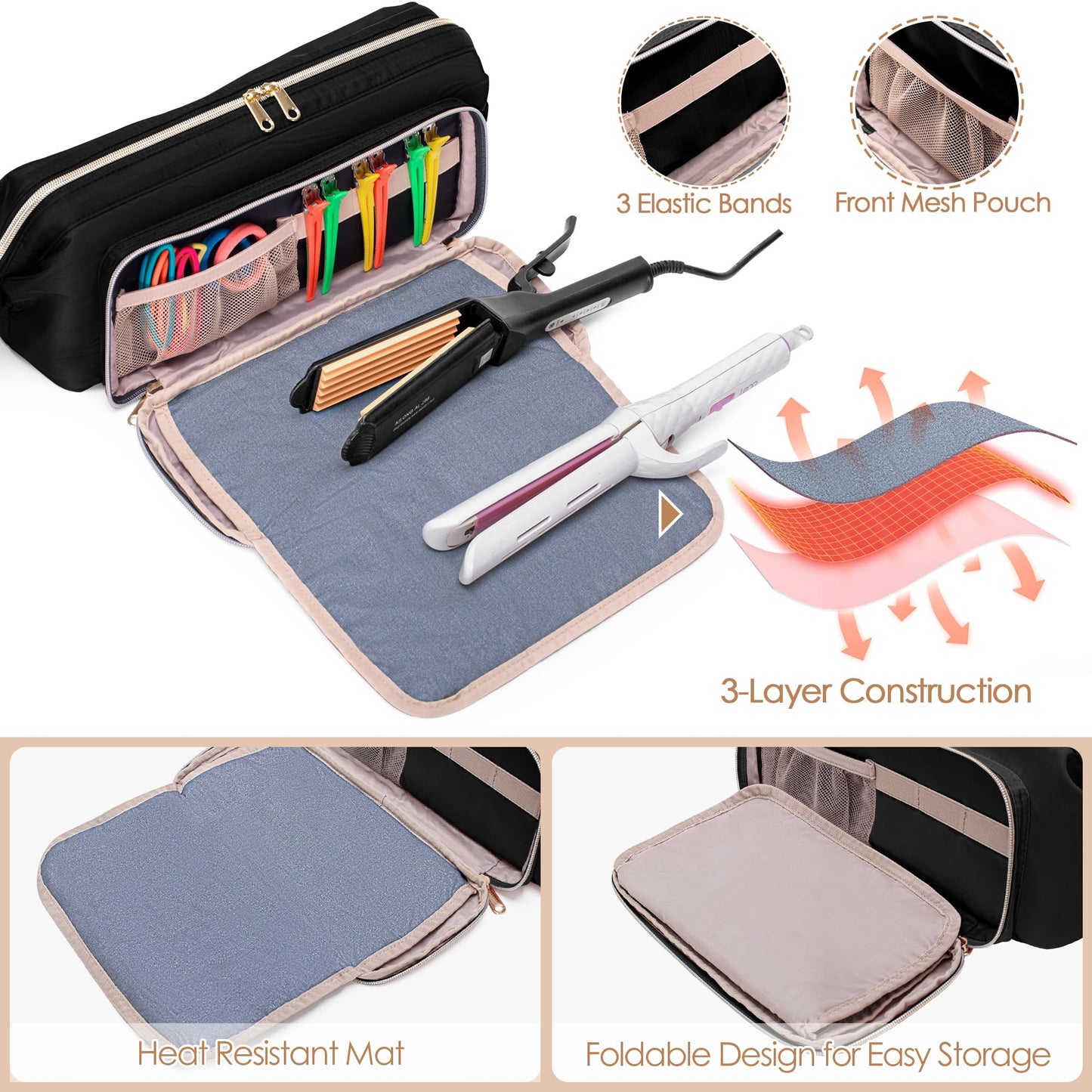 Fasrom Hair Tools Travel Bag with Heat Resistant Mat for Flat Iron, Curling Iron and Hair Straightener, 2 in 1 Hair Dryer Travel Case to Organize Hair Styling Tools, Black (Patent Design)