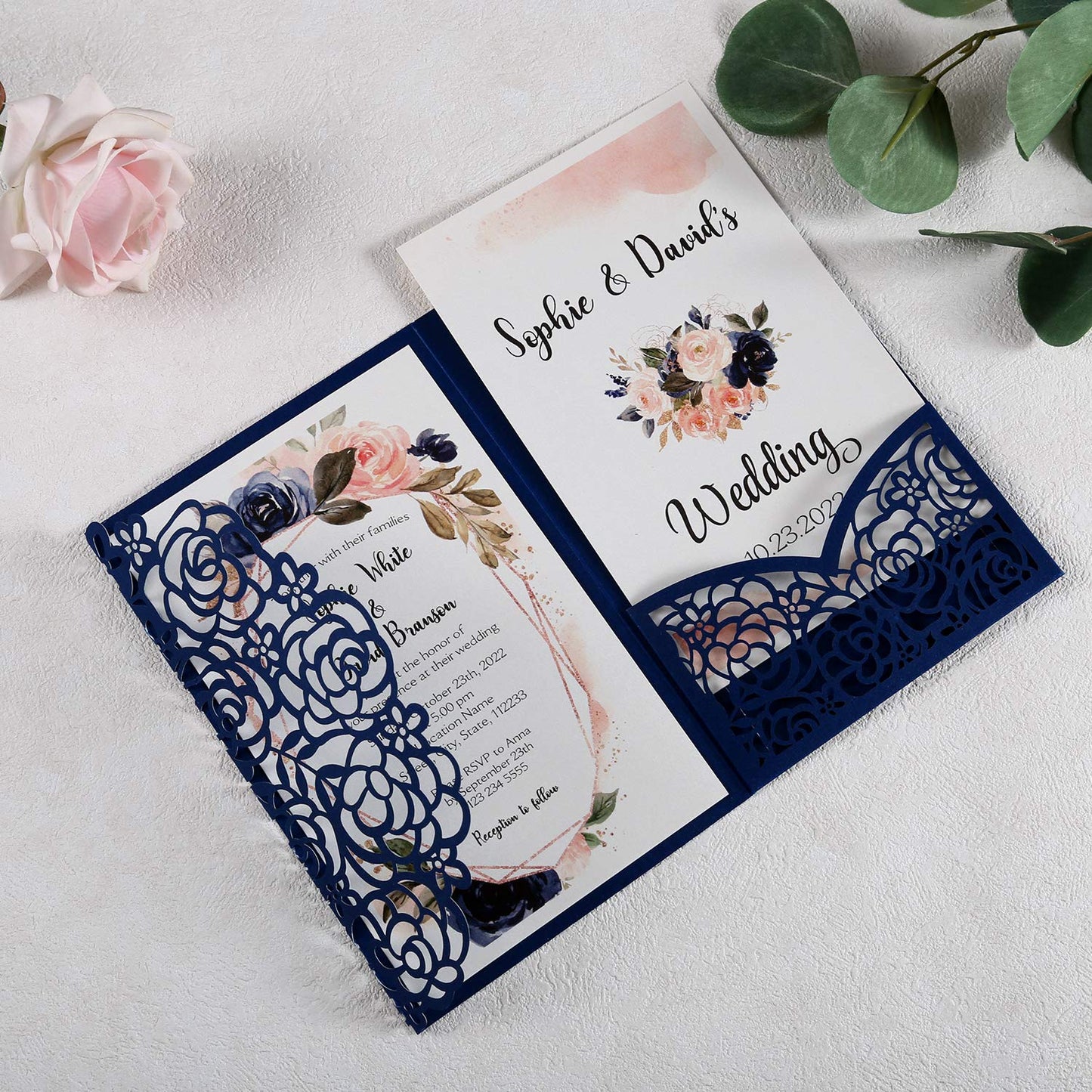 DreamBuilt 4.7 x7 inch 50PCS Blank Navy Blue Wedding Invitations Kit Laser Cut Hollow Rose Pocket Wedding Invitation Cards with Envelopes for Wedding Bridal Shower Engagement Invite