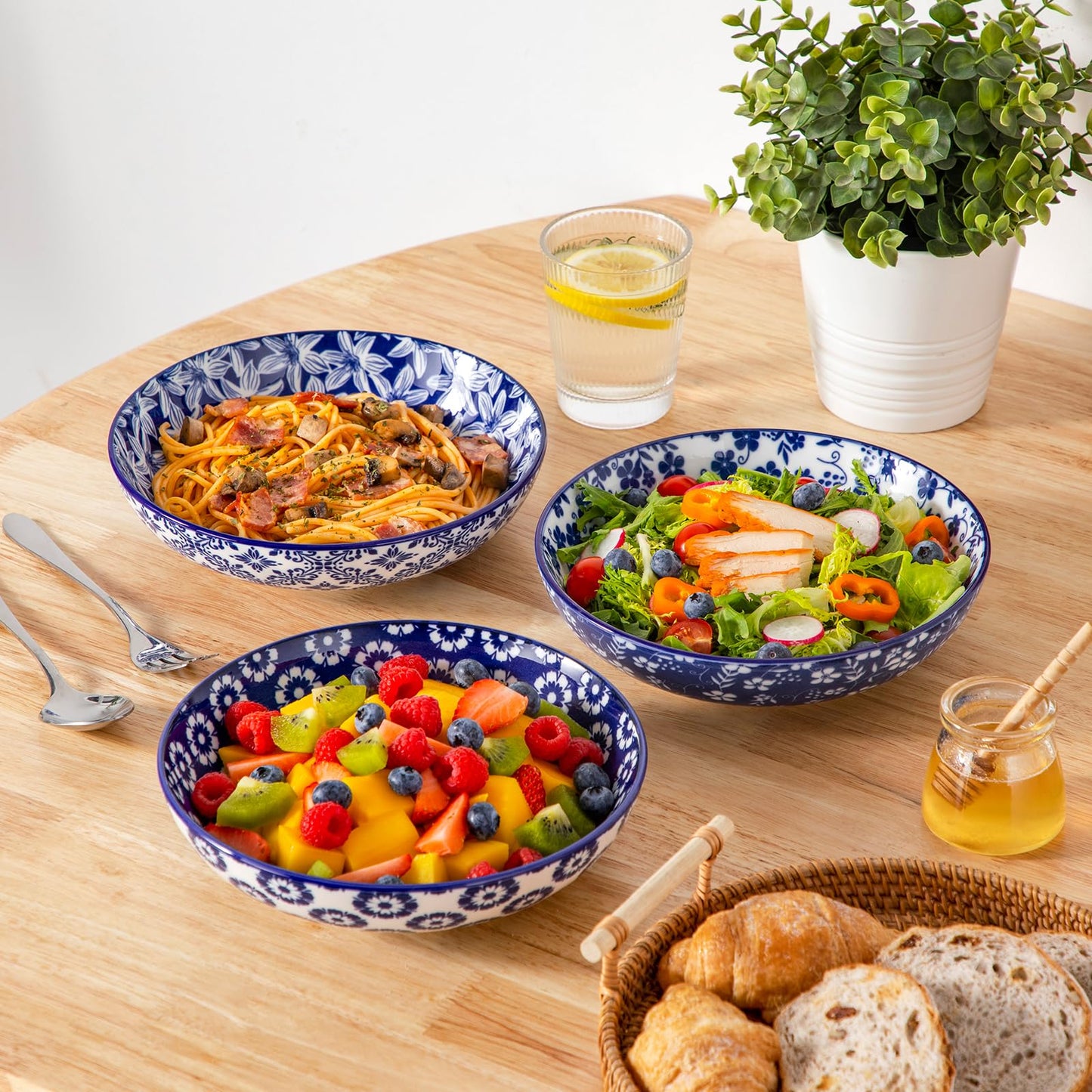 vancasso Selene 8.5" Pasta Bowls Set of 6, 40 oz Porcelain Shallow Salad Bowls, Serving Bowls Large Bowl Plates Pasta Plates, Blue & White Floral Design, Microwave Safe