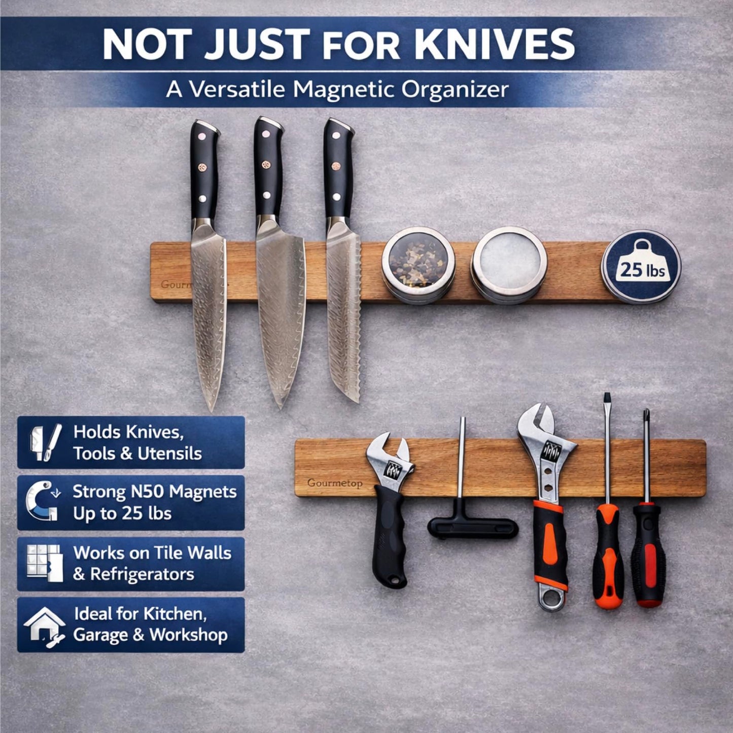 Gourmetop Magnetic Knife Holder for Wall, 16" Acacia Wood Magnetic Knife Strip, Strong Knife Magnet Wall Mount, No Drill Adhesive Tape or Screw Mount, Kitchen Organizer