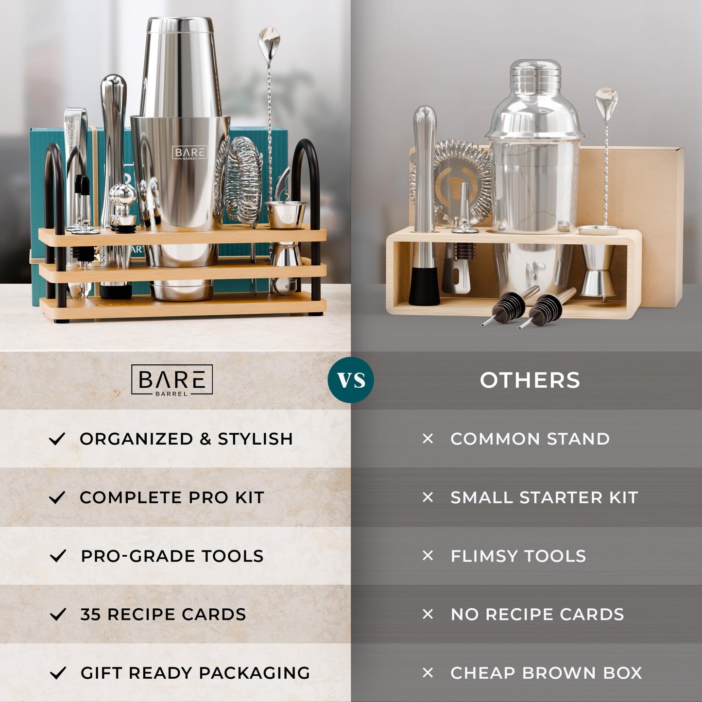 Pro Cocktail Kit | Mixology Bartender Kit | 14-Piece Cocktail Shaker Set | Martini Home Bartending Bar Accessories | Incl. 35 Recipe Cards | Gift Set (800ml/28oz Boston Shaker, Silver/Natural)