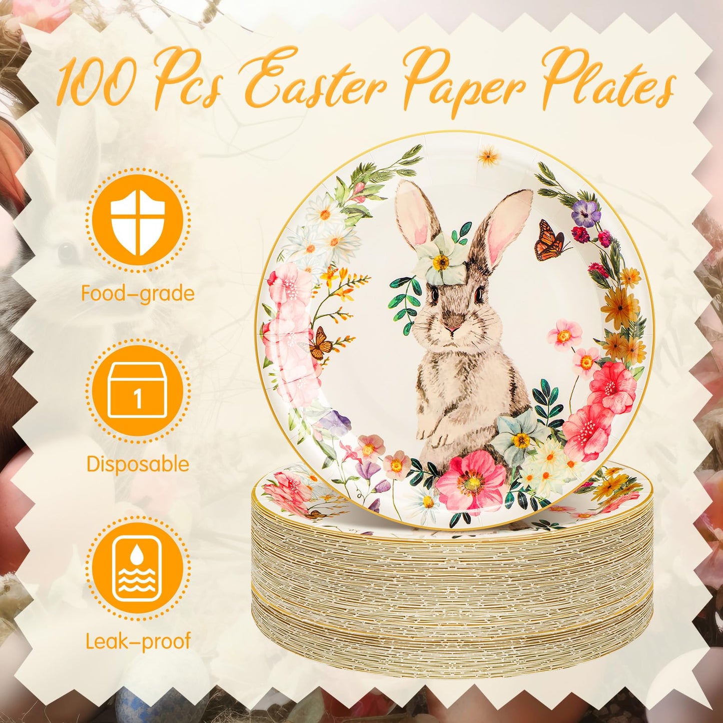 Sunnychicc 100 Pcs Easter Dessert Paper Plates Bulk 7'' Round Disposable Floral Bunny Egg Rabbit Plates for Holiday Spring Tableware Party Supplies(Beige,Cute Bunny)