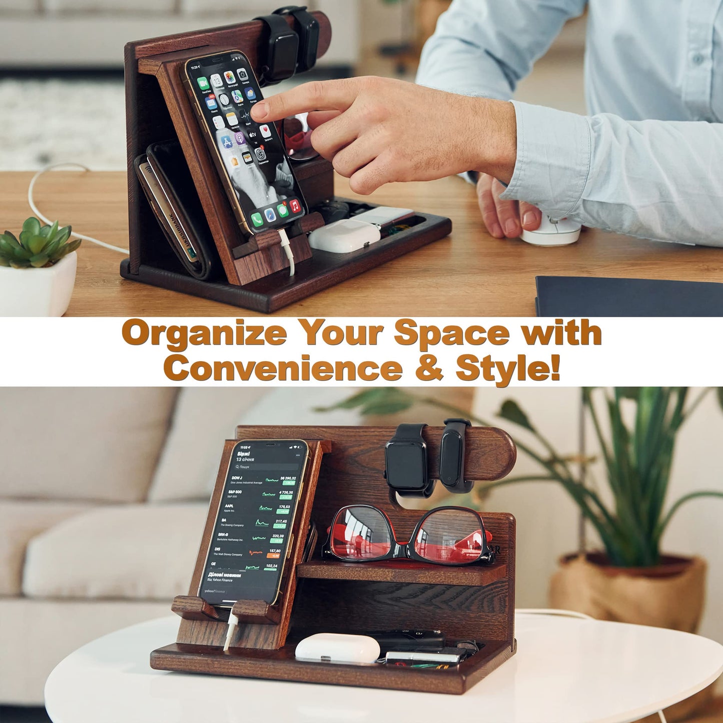 TESLYAR Gifts for Men – Wood Phone Docking Station, Nightstand Desk Organizer, Fathers Gift, Gifts for Dad or for Him, Birthday, Anniversary, Xmas Mens Gift Ideas, Wallet Holder (Bourbon Brown)