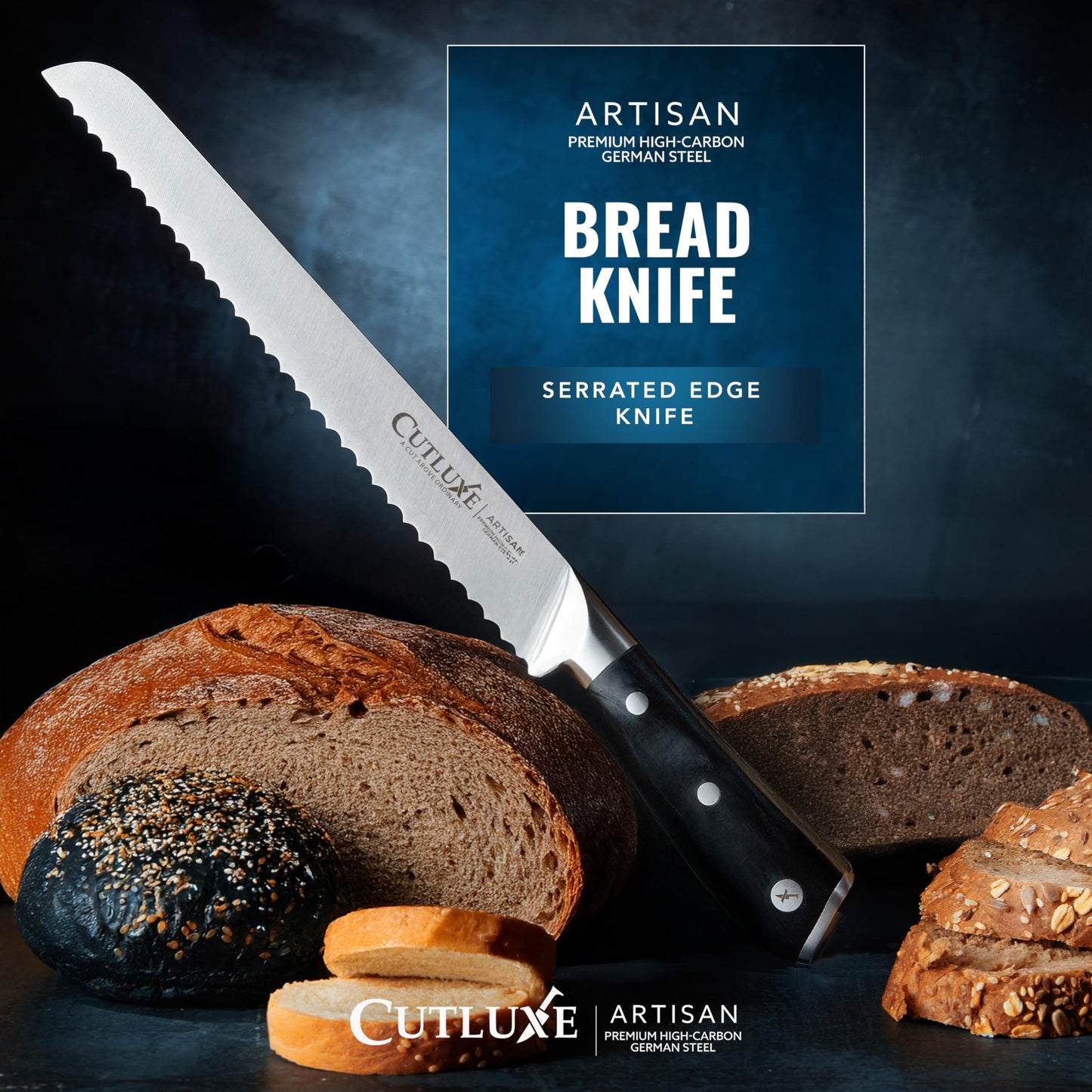 Cutluxe Bread Knife, 10" Serrated Knife, Perfect for Homemade, Sourdough Bread – High Carbon German Steel, Full Tang, Ergonomic Handle Design – Artisan Series