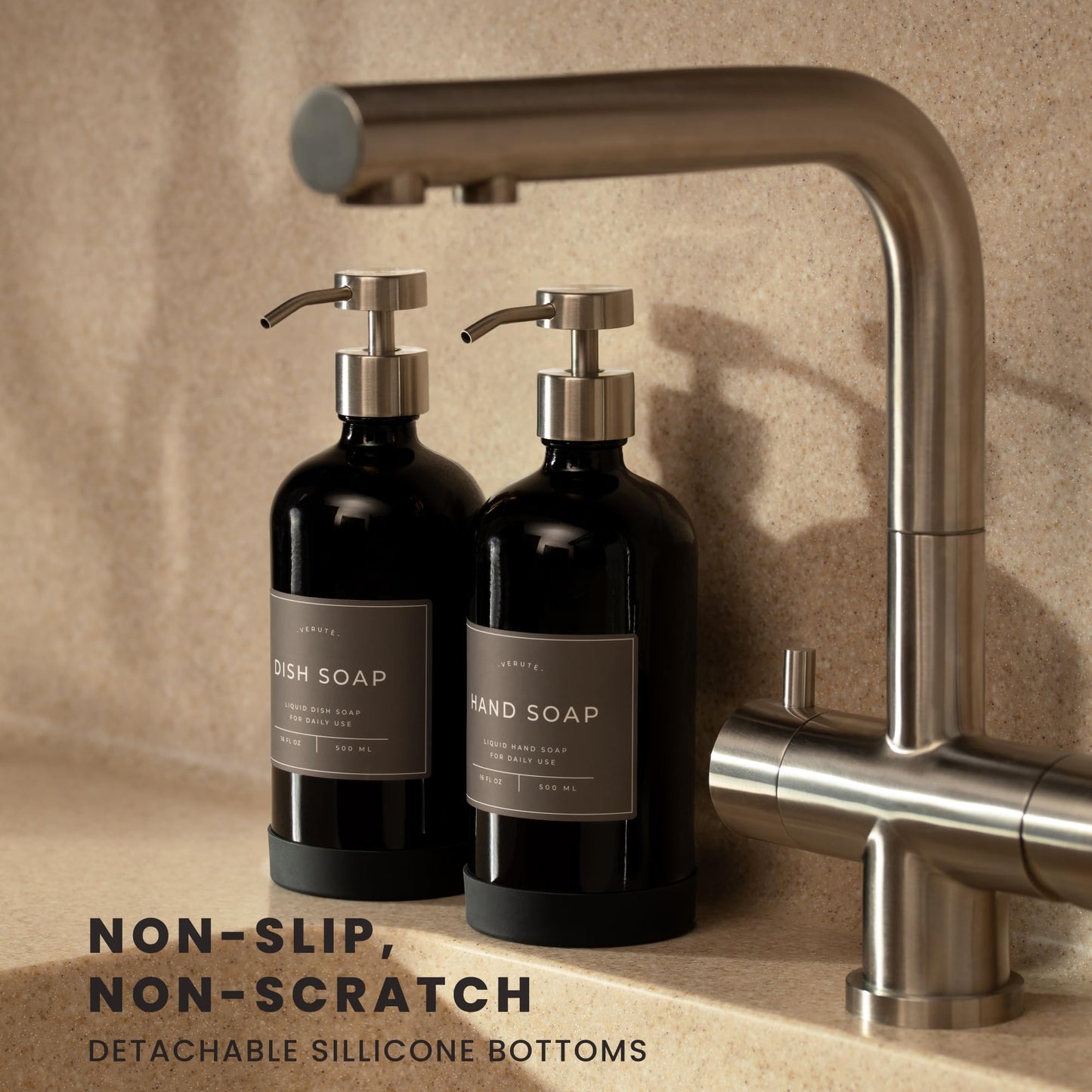 Verute 500ml Glass Soap Dispenser with Stainless Steel Pump, 21 Waterproof Labels, Non-Slip Protective Silicone Pad, Set of 2 for Bathroom & Kitchen (Gloss Black Bottle/Brushed Silver Pump)