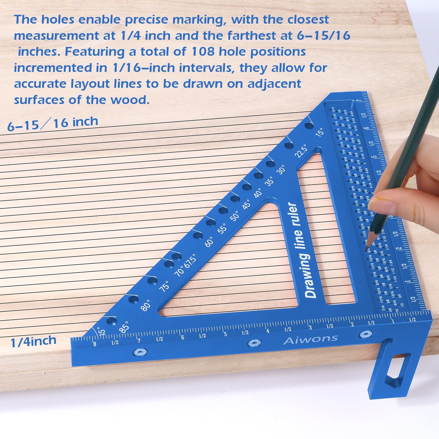 Aiwons 8.5inch 3D Multi-Angle Measuring Ruler -Large Precision Woodworking 3D Square Protractor 15-90 Degree and Miter Triangle Ruler - Aluminum Alloy Drawing Line Ruler for Engineer Carpenter Blue