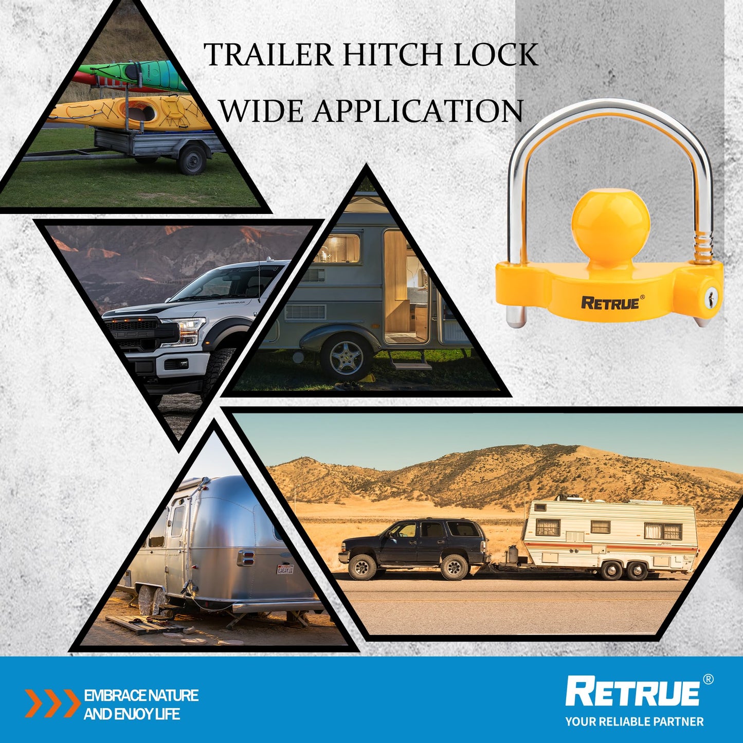 RETRUE Universal Coupler Lock Trailer Locks Ball Hitch Trailer Hitch Lock Adjustable Security Heavy-Duty Steel Fits 1-7/8 Inch, 2 Inch, 2-5/16 Inch Couplers, Yellow (Pack of 2)