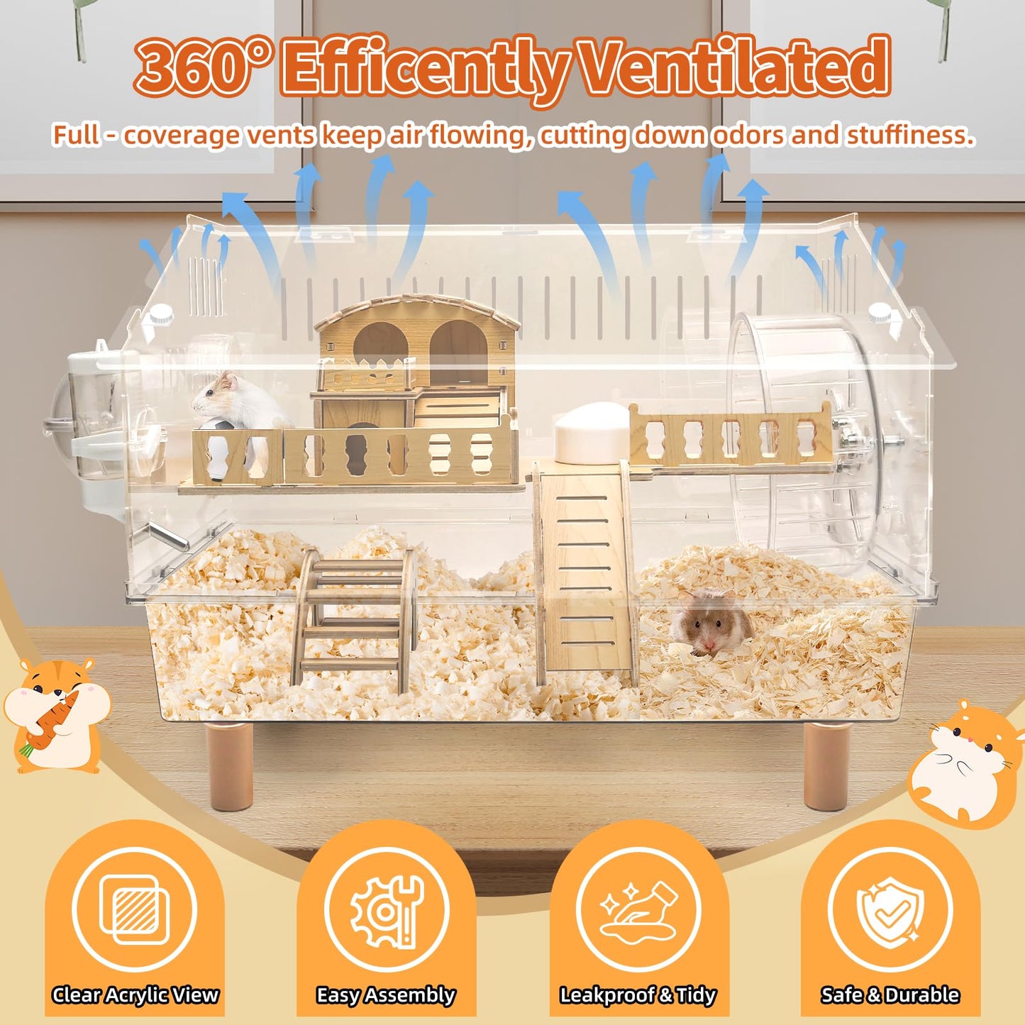 Kalolary Large Acrylic Hamster Cage, 2-Layer Gerbil Cages with Full Transparent Viewing Top Open Hamster House with All Accessories Hamster Enclosure for Dwarf Hamster, Gerbils, Pet Mice