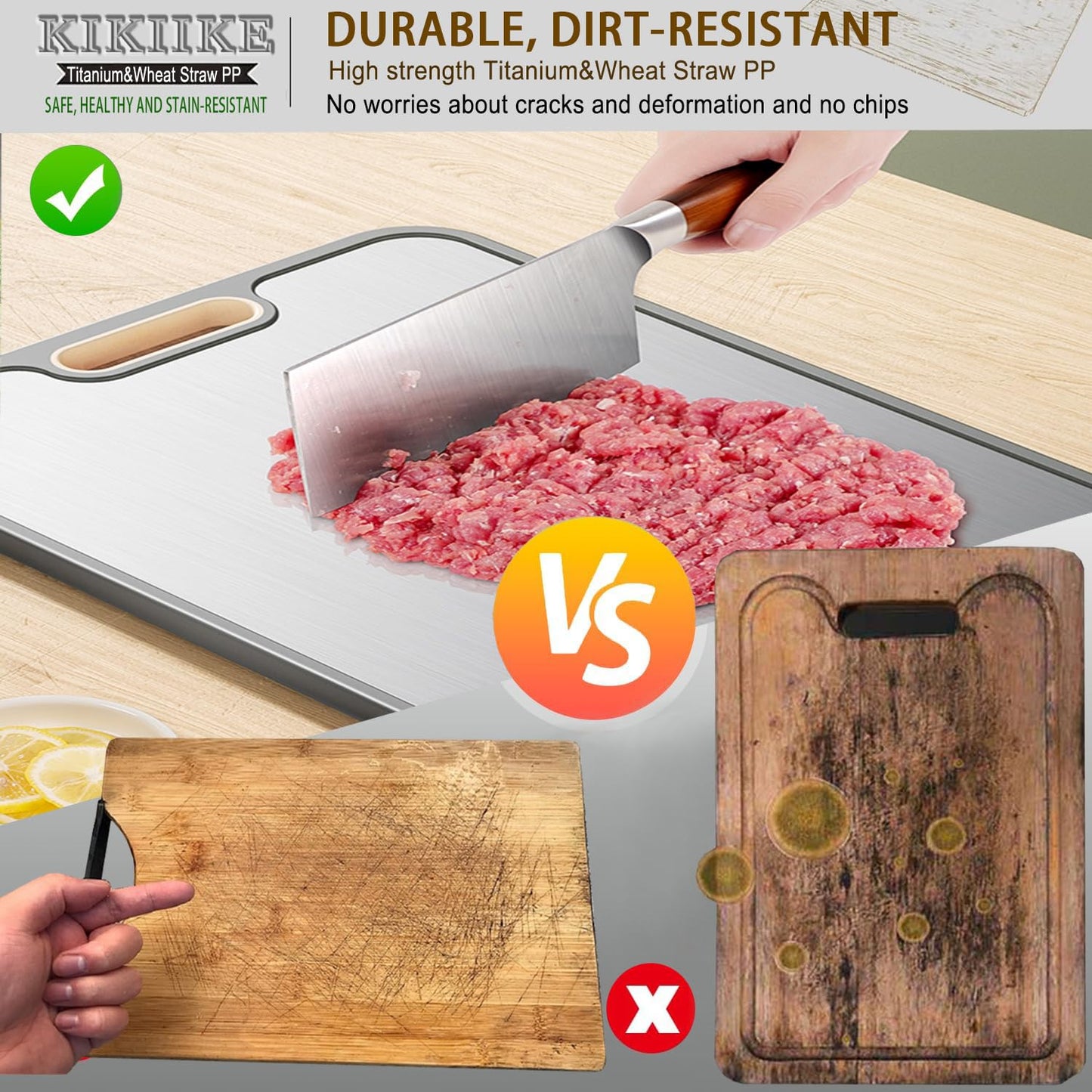 Titanium Cutting Board Double Sided Pure Titaniums Cutting Boards for Kitchen, Pure Titanium & Wheat Straw PP Food Grade Metal Cutting Board, Non-Slip Durable and Easy to Clean (Large)