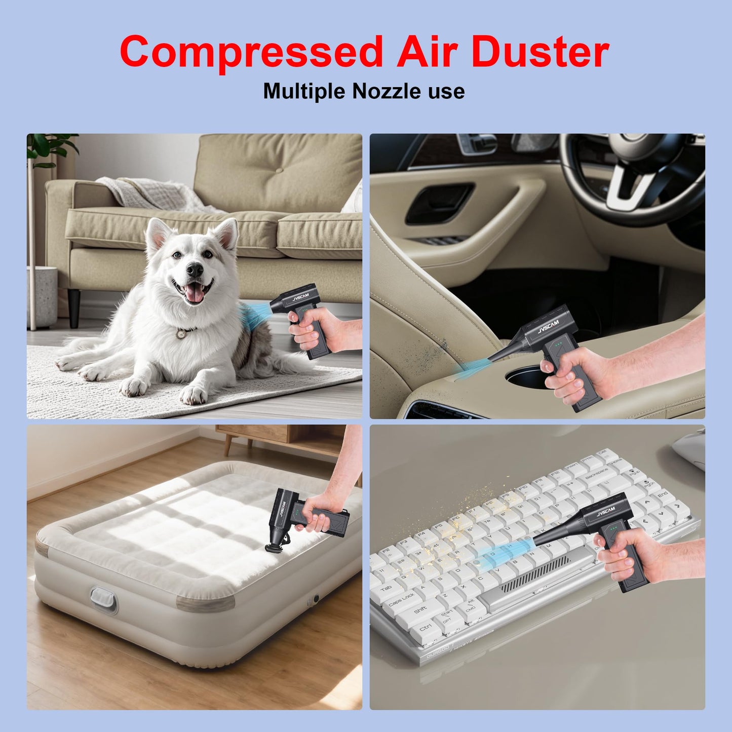JVSCAM Compressed Air Duster,150000RPM Electric Air Duster, Vacuum Cleaner & Bag Vacuum 3-in-1, Rechargeable with 3-Gear Adjustable Wind Speed for Keyboard,Computer,Car,Home and Storage Bag Sealing