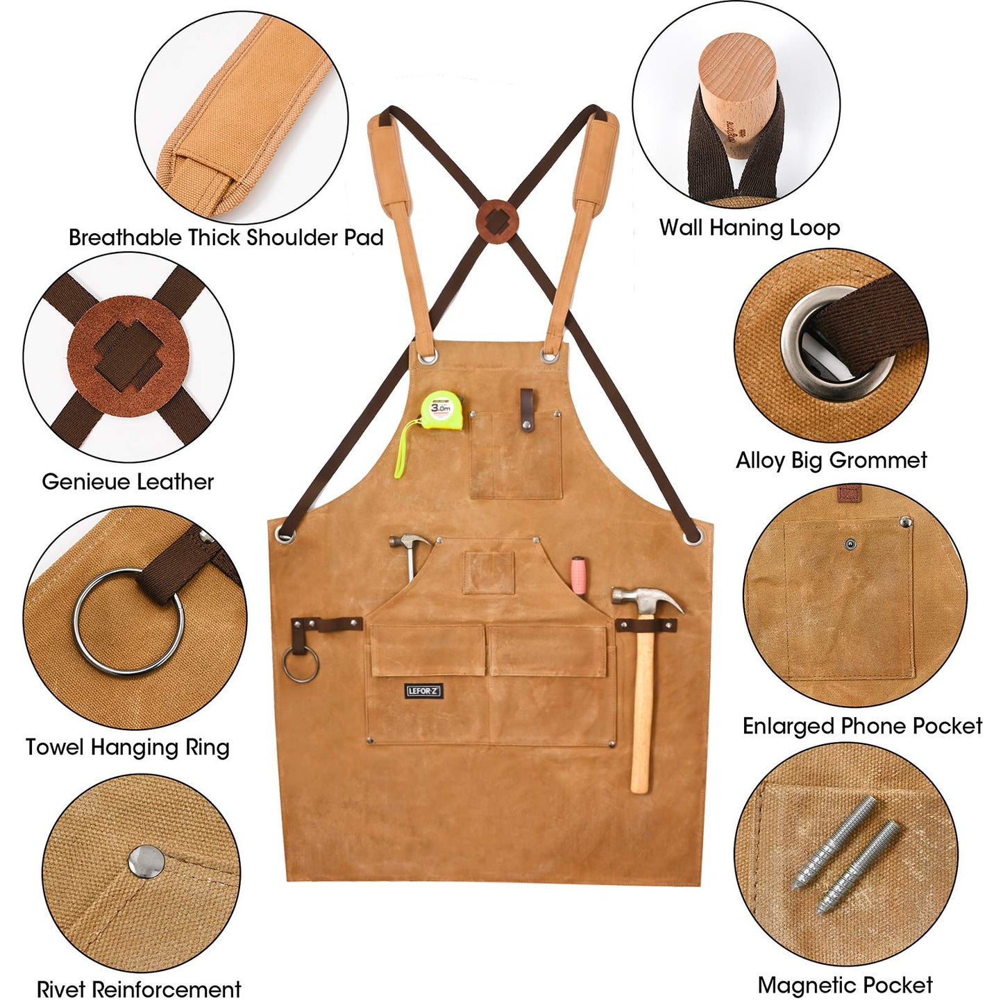 Woodworking Shop Apron with Magnetic Pocket,Waxed Canvas Work Apron for Men, Waterproof Carpenter Apron Cross- Back Strap & Adjustable from M to XXL