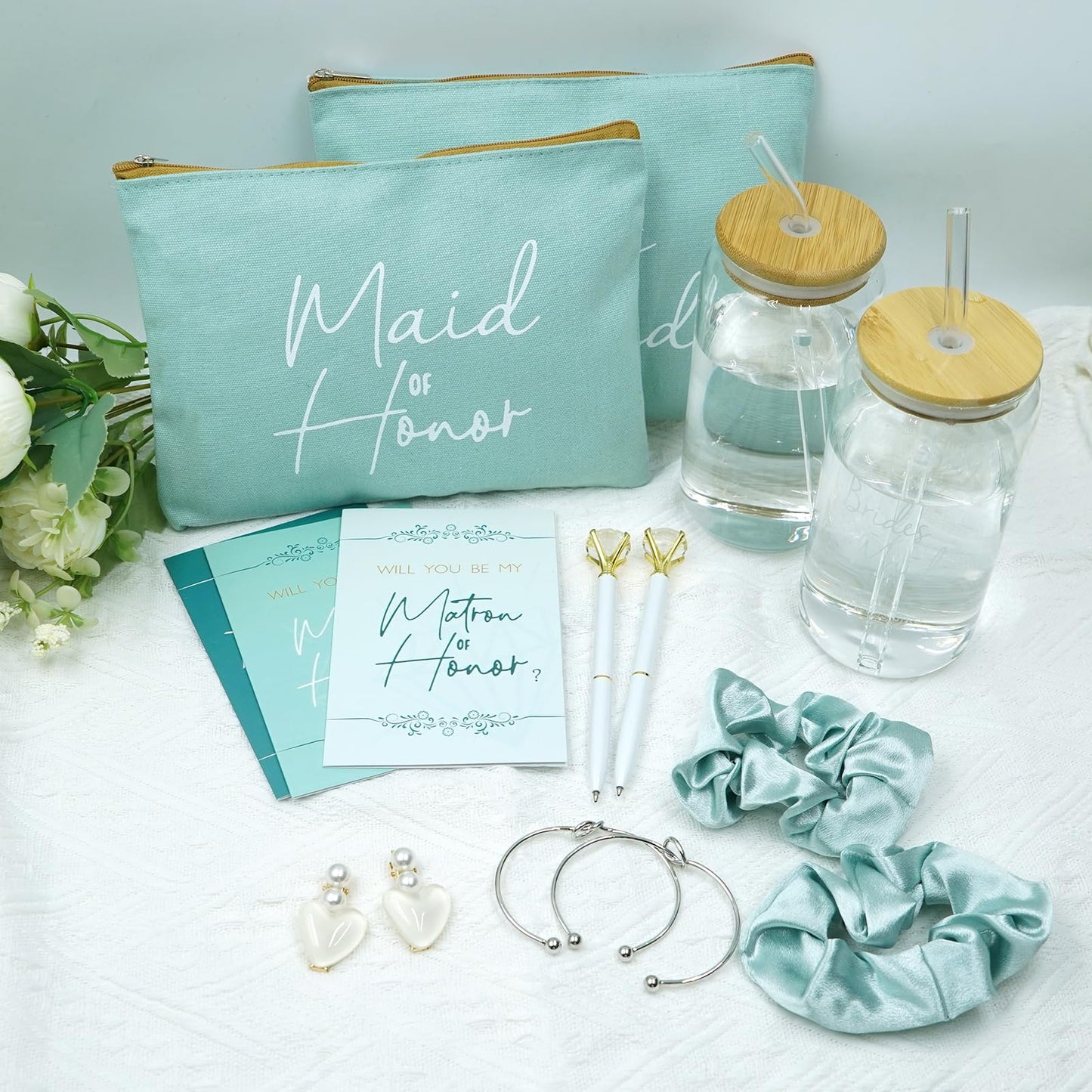 KIKINIKO 56 pcs Bridesmaid gifts bridesmaid proposal gifts, Maid of Honor Gifts contain 16oz Glass Cups Cosmetic Makeup Bags Invited Cards Scrunchies Hair Knotted Bracelets Diamond Pens love clip,