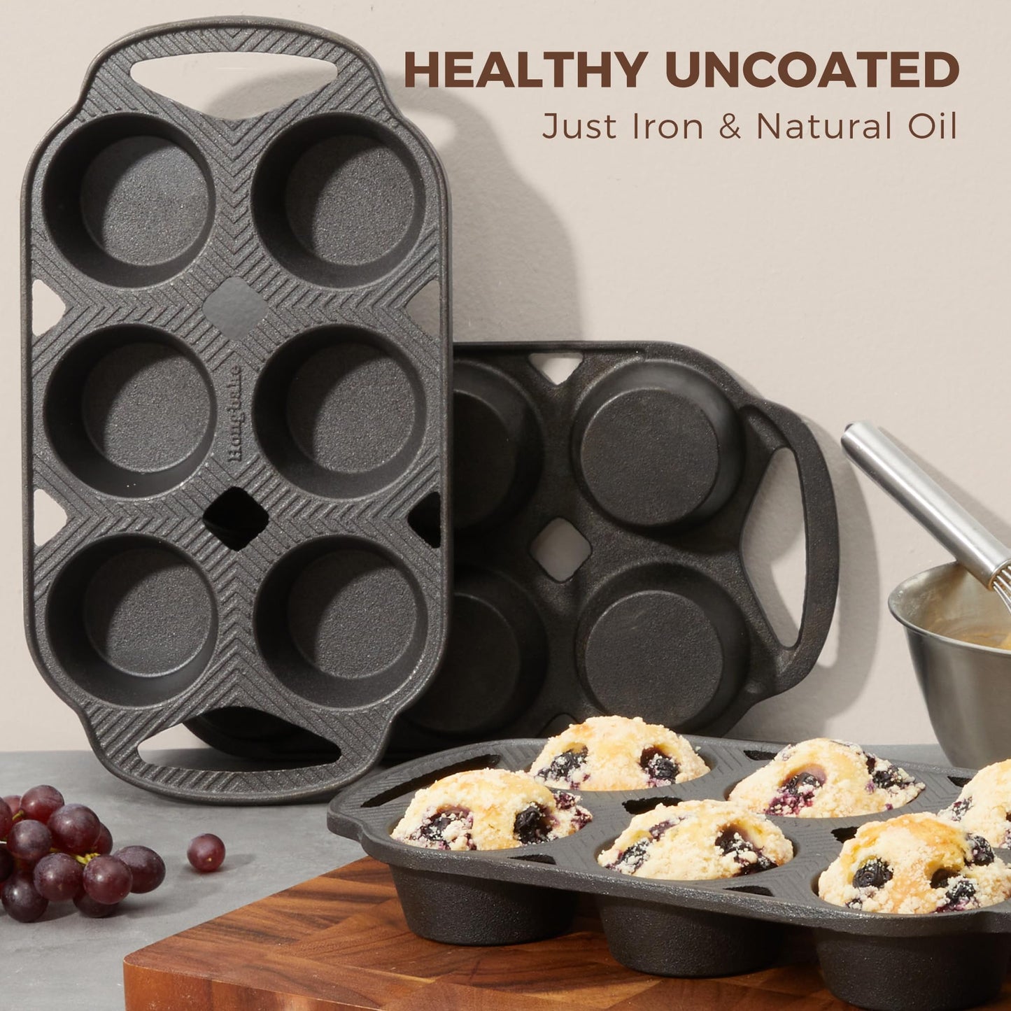 HONGBAKE Everline Collection Cast Iron Muffin Pans, Non toxic Uncoated 6-Cup Muffin Tins, Non-Stick Pre-Seasoned Cupcake Tray Pan Set for Baking, Oven & Stovetop Safe, Standard Size, 2 Pack