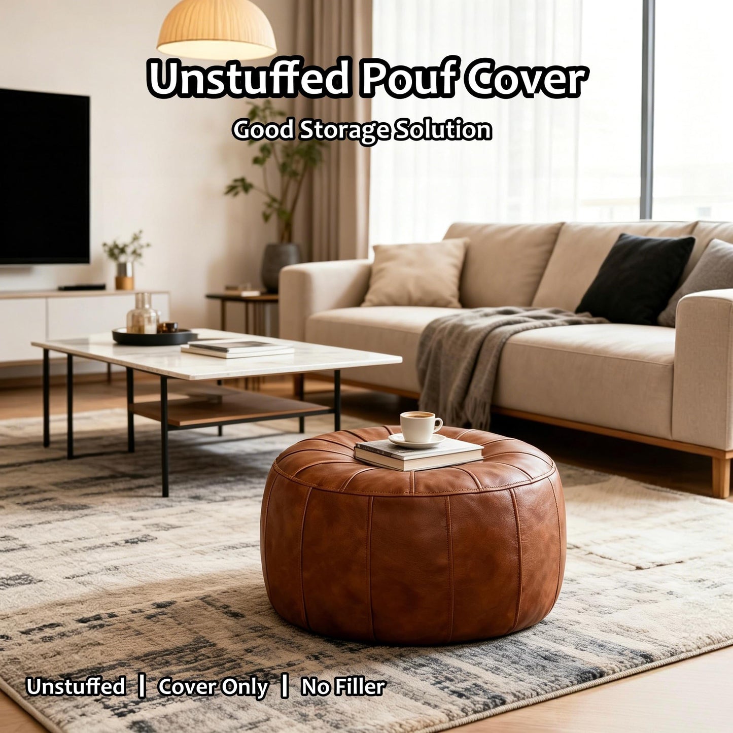 Thgonwid Unstuffed Moroccan Storage Pouf Foot Stool Ottoman Seat Handmade Faux Leather Bean Bag Floor Chair Foot Rest for Living Room, Bedroom or Balcony (Light Brown)