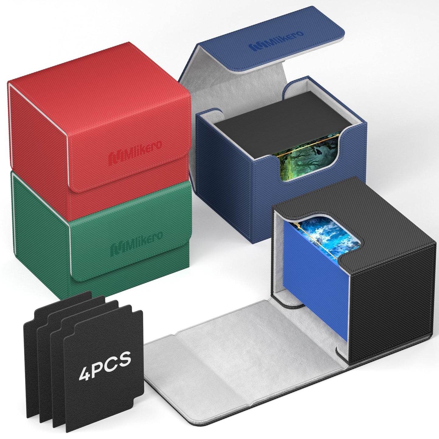 Mlikero 4 Pack Card Deck Box, Commander Deck Box Holds 400+ Double-Sleeved Cards with 4 Dividers, Leather Magnetic Closure Card Box for MTG, TCG (4 Colors)