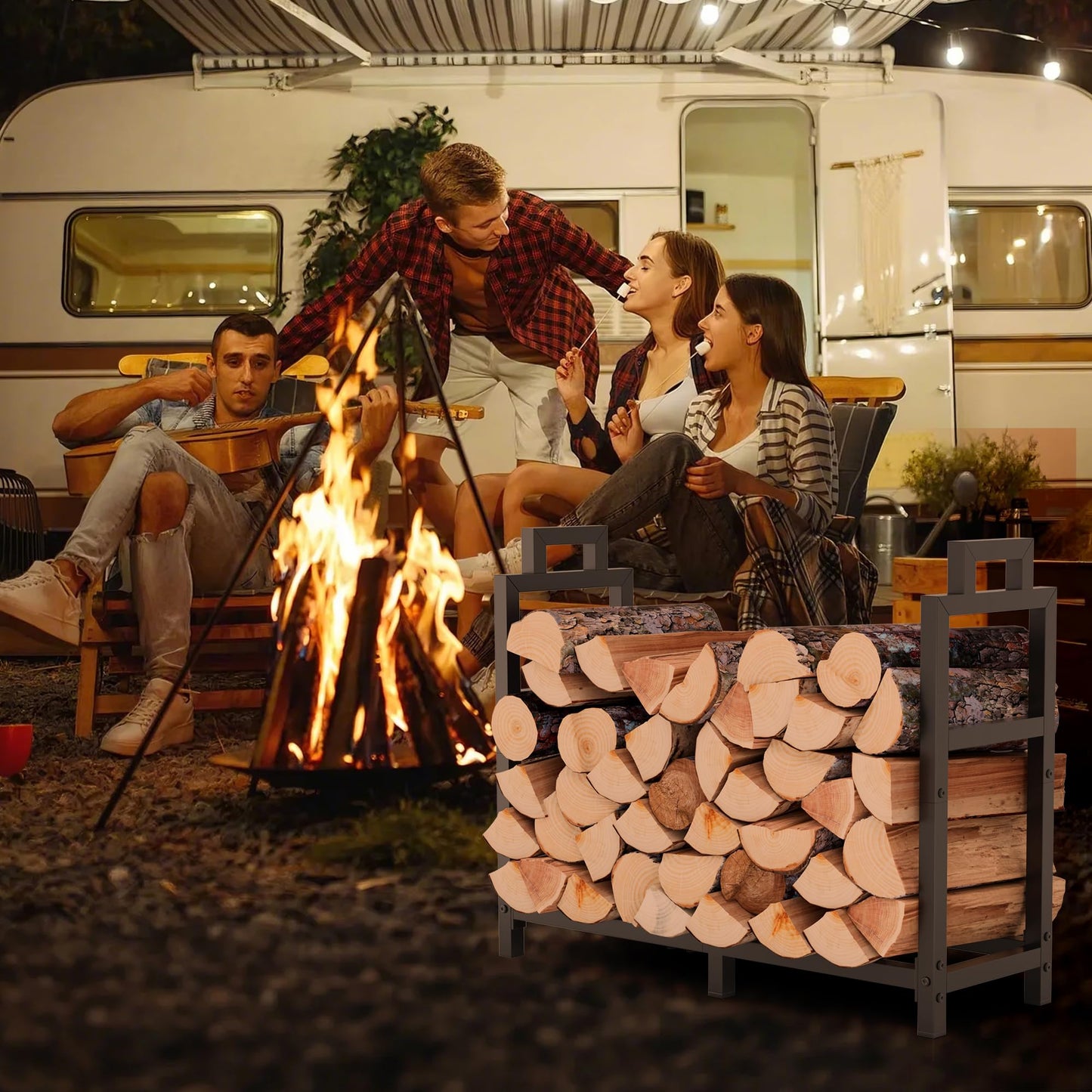 30 Inch Firewood Rack Outdoor Indoor with Handle and Log Carrier Bag, Stable Metal Wood Rack Heavy Duty Log Holder for Fireplace Patio Deck, Rustproof Firewood Storage Organizer Tool, Black, Square