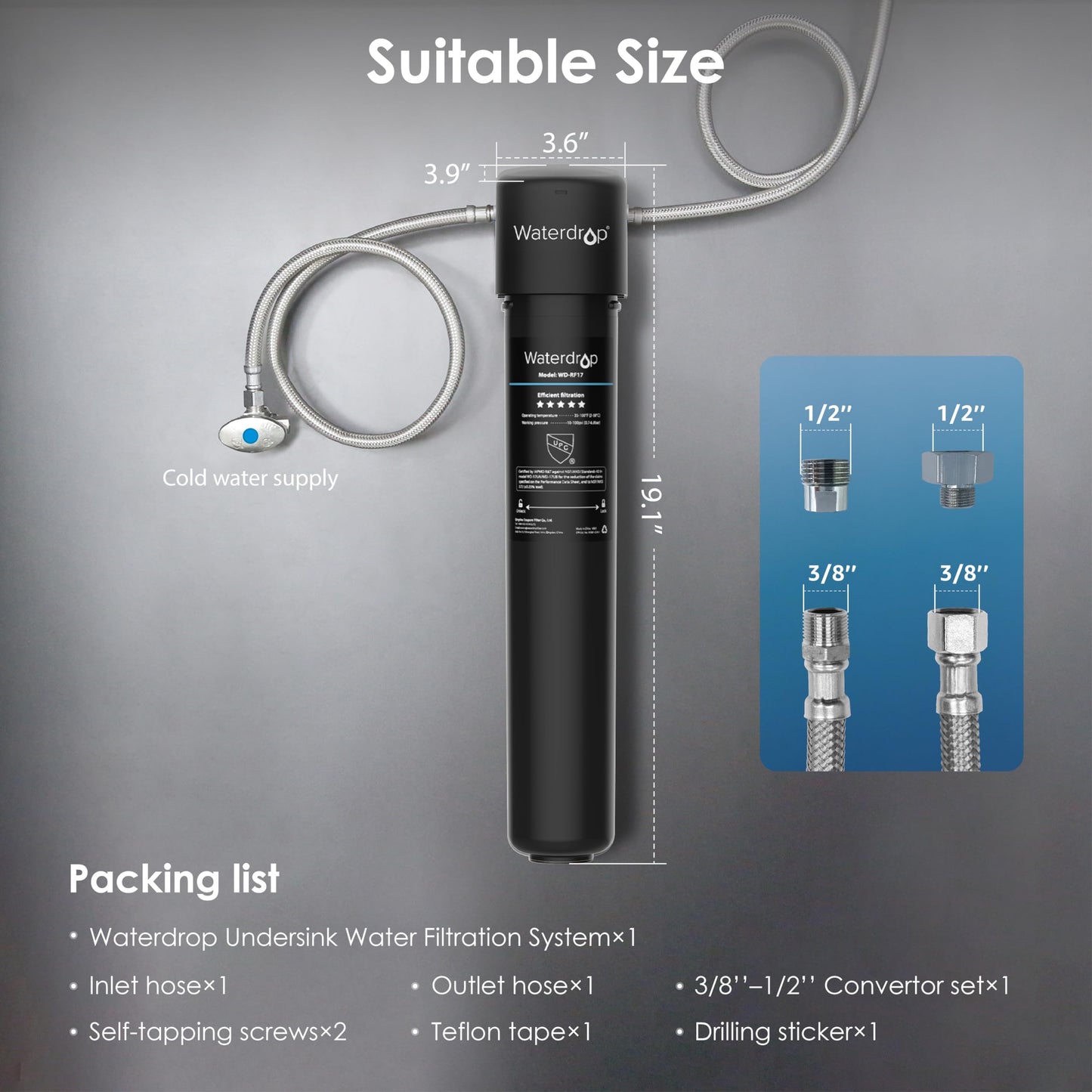 Waterdrop 17UA 3 Years Under Sink Water Filter System-Reduces Lead, Chlorine, Bad Taste & Odor-Under Counter Water Filter Direct Connect to Kitchen Faucet-NSF/ANSI 42 Certified-24000 Gallons-USA Tech