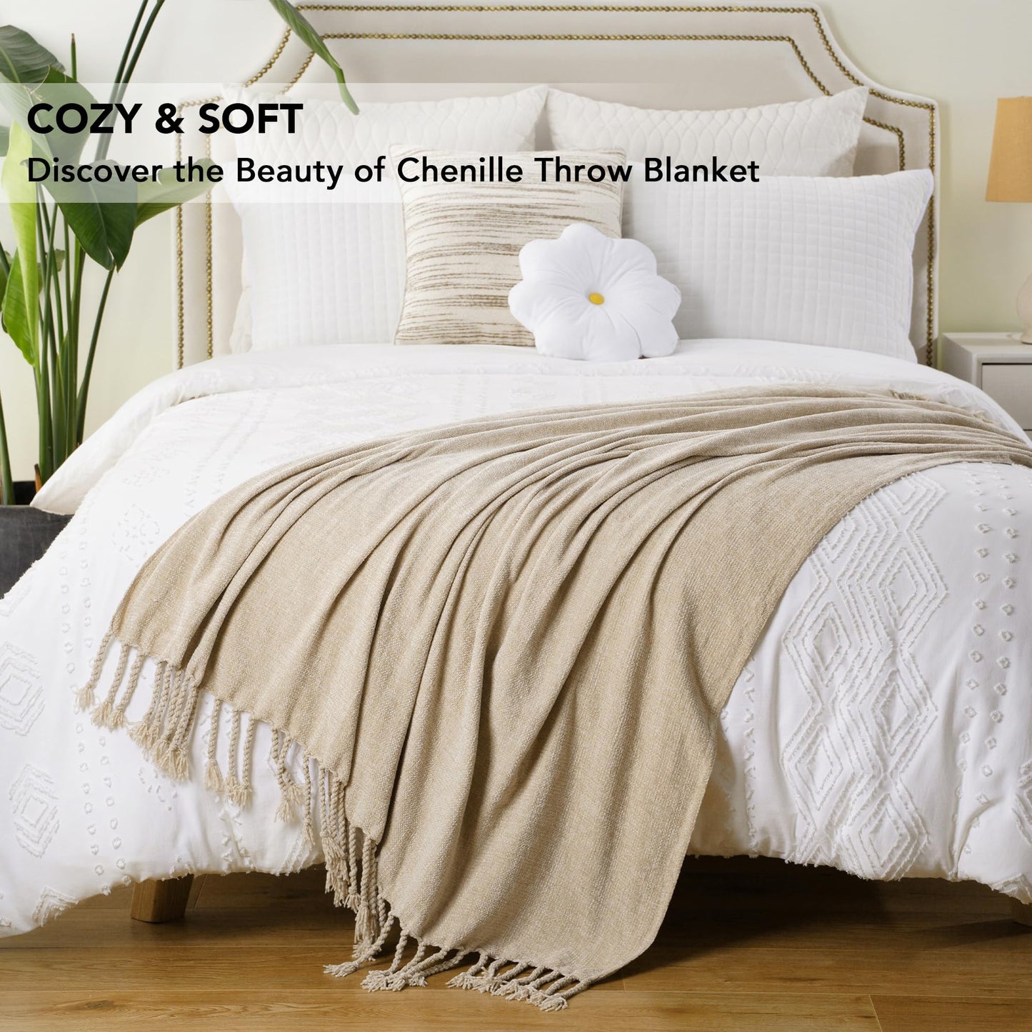 BATTILO HOME Beige Chenille Throw Blanket for Couch Sofa Chair Bed Home Decor, Lightweight Boho Knitted Throw with Fringe Tassels Suitable for All Season,50''X60''
