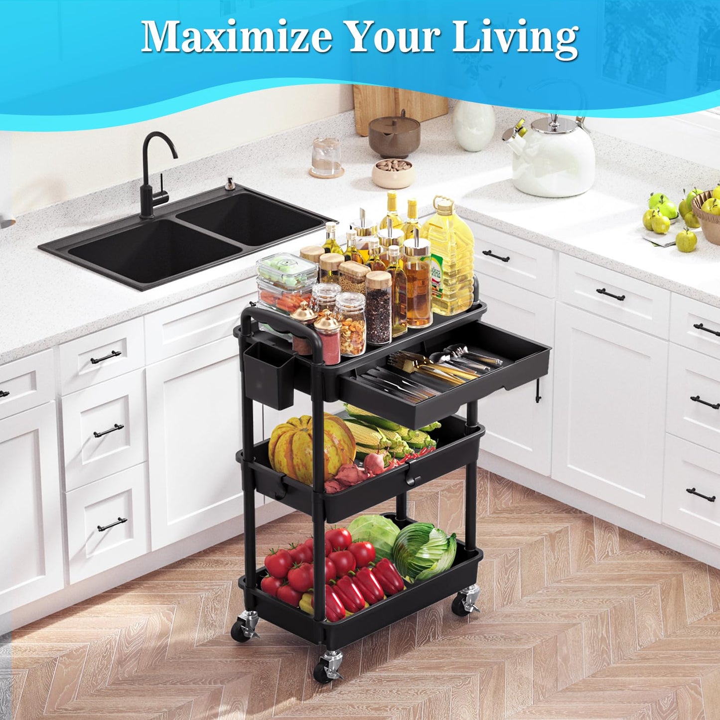 SUNALLY 3 Tier Rolling Storage Carts with Drawer, Storage Cart Organizer with Lockable Wheels Rolling Utility Organizing Cart for Bathroom Kitchen Bedside Art Craft Snack Makeup Lash Nail Baby, Black