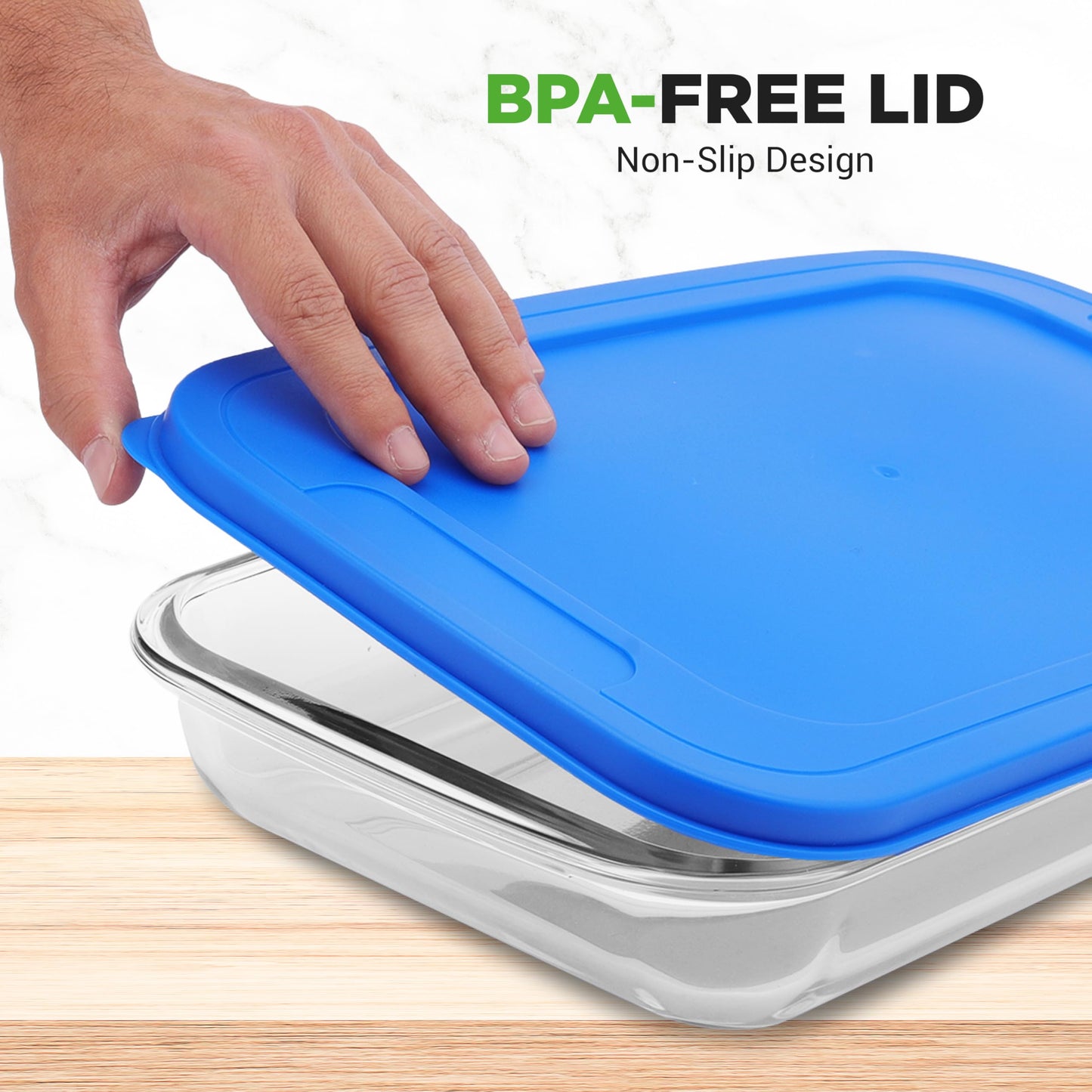 Nutrichef 4 Sets Glass Bakeware-High Borosilicate Rectangular Glass Baking Dish w/Blue BPA-Free PE Lids, Freezer-to-Oven Home Kitchen Bake Casserole Food Storage Stackable Tray Pan, Dishwasher Safe