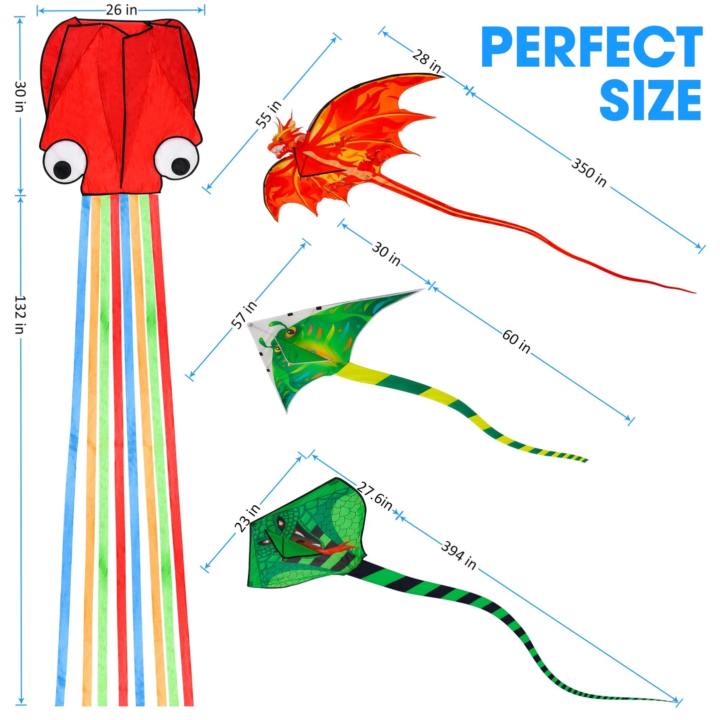 4 Pack Kites - Large Fire Dragon Kite Green Snake Devil Fish Red Mollusc Octopus with Long Colorful Tail for Kids Adults Outdoor Game Activities