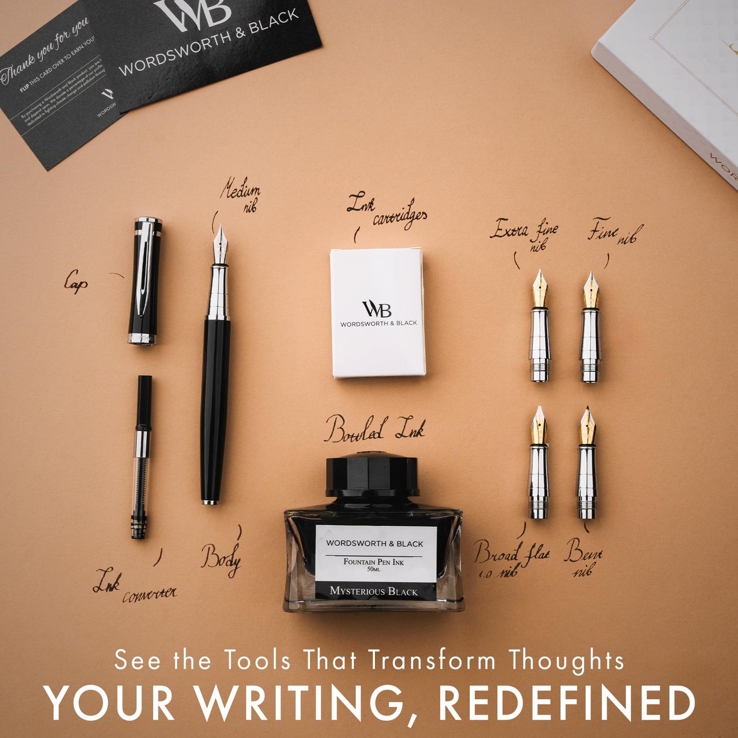Wordsworth & Black Fountain Pen Gift Set, Includes Ink Bottle, 6 Ink Cartridges, Ink Refill Converter, 4 Replacement Nibs, Premium Package, Journaling, Calligraphy, Smooth Writing Pens [Black Chrome]