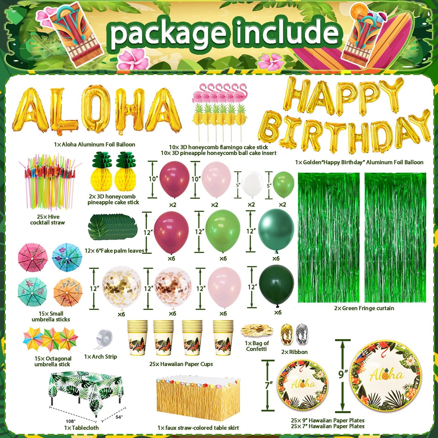 239 Pcs Luau Party Decorations, Hawaiian Party Decorations Kit For Adults - "ALOHA"&"HAPPY BIRTHDAY" Banner, Balloons, Cake Topper, Straws, Table Skirt, Dinnerware Set For 25 Guests