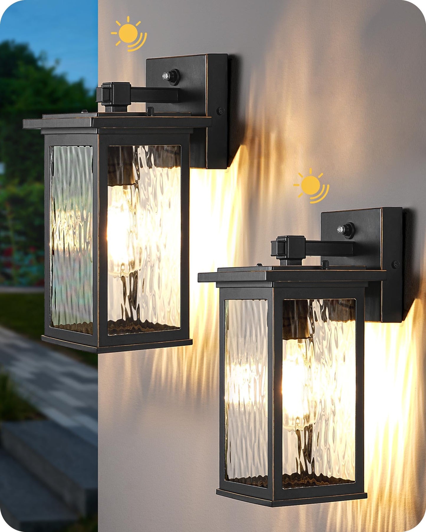 EDISHINE 2 Pack Outdoor Wall Light, Dusk to Dawn Exterior Light Fixture, Modern Porch Light Wall Mount Sconce, Clear Water Ripple Glass, Black Metal Outside Wall Lantern for Front Door Garage Patio
