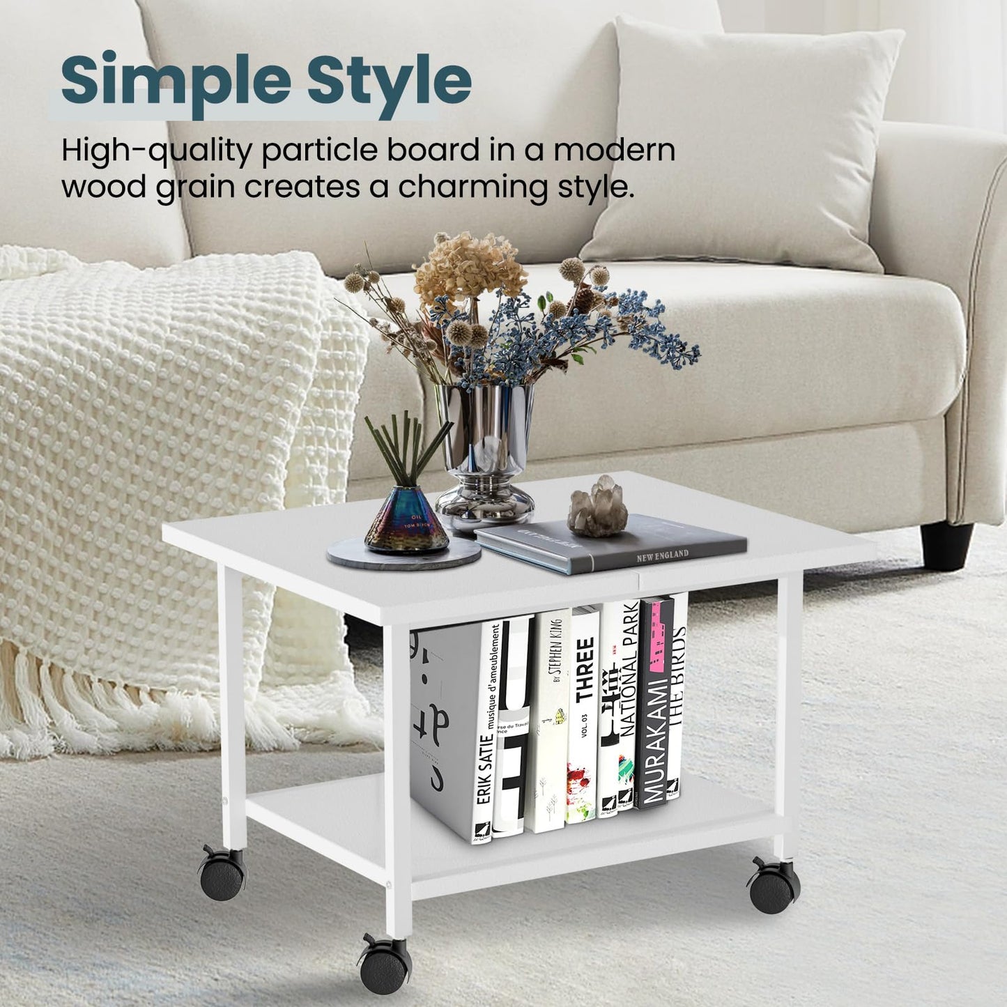 Printer Stand with Storage Under Desk Shelf, Desktop Printer Stand Organizer, Rolling Printer Cart Storage Paper Files Holder for Desk, Office, Home (White)