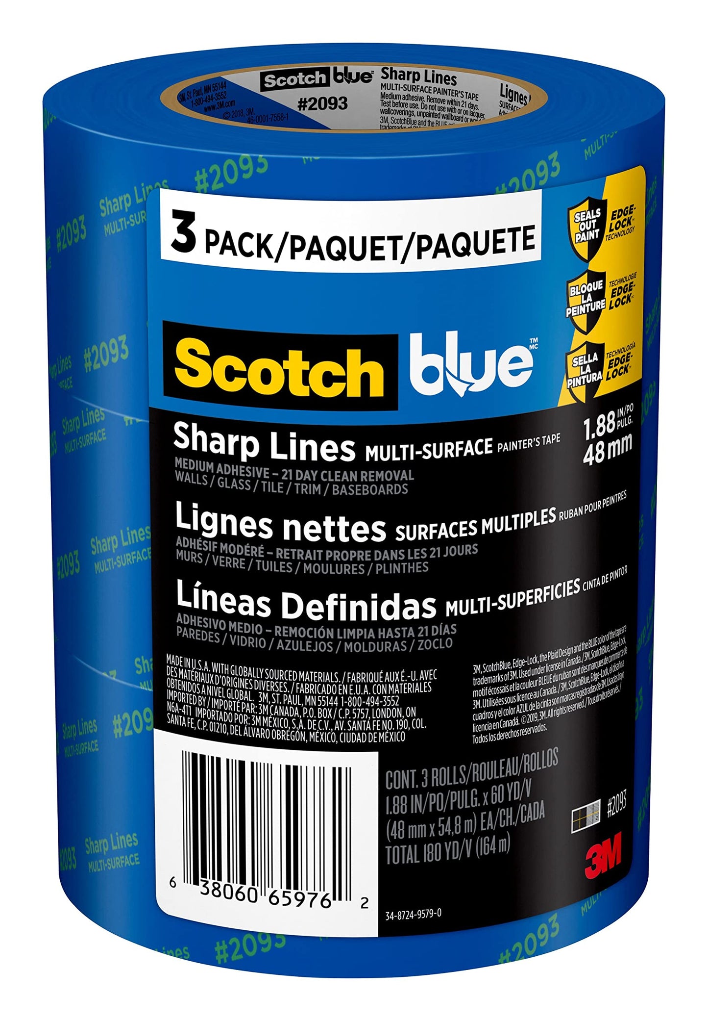 Scotch Painter's Tape 2093-48TC3 Sharp Lines Painter’s Tape, 1.88" Width, Blue