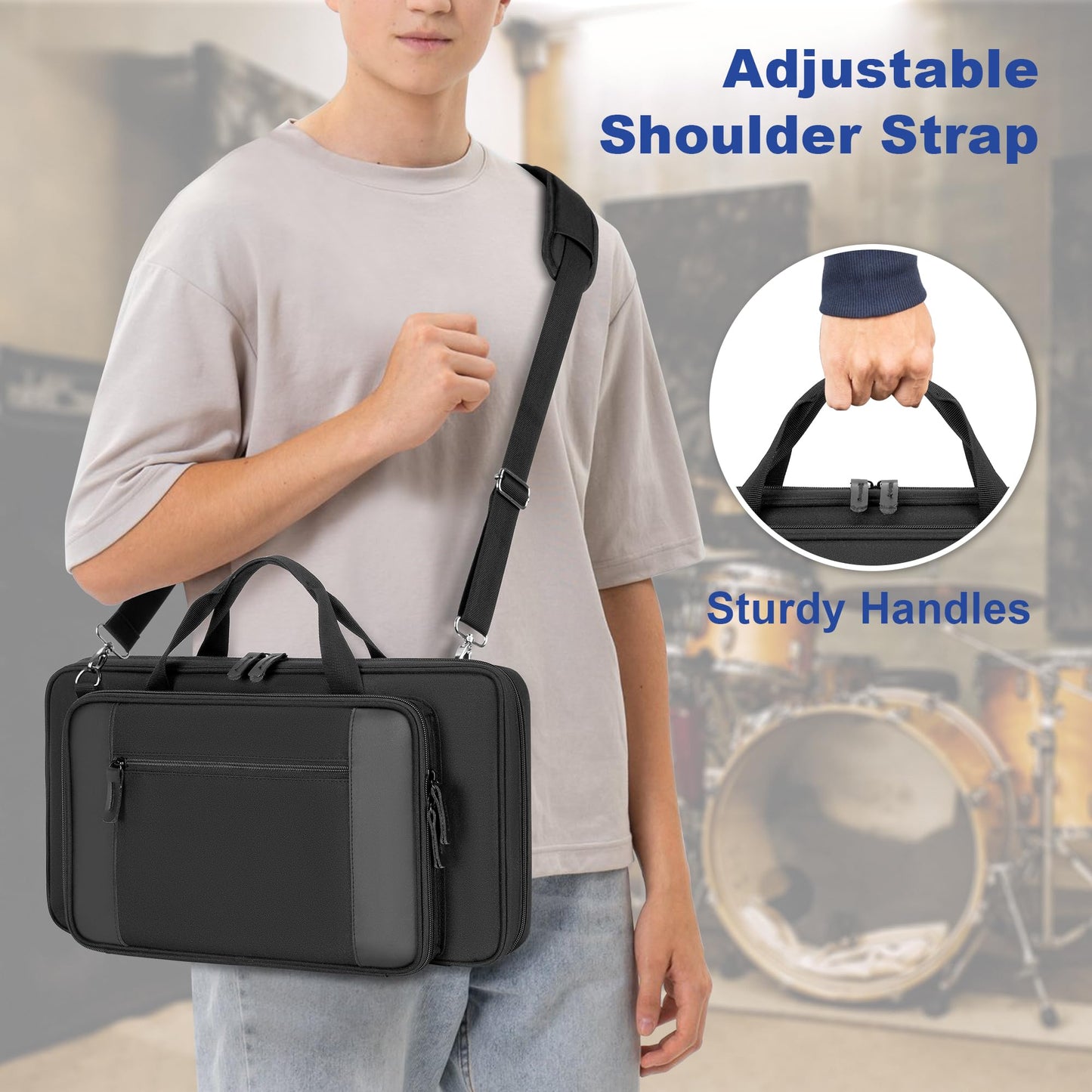 Yarwo Drum Stick Bag with Hanging Hooks, Drum Mallet Holder with Adjustable Shoulder Strap for Drumsticks, Mallets, Brushes, Sheet Music, Percussion Accessories for Drummers in Band, Gig, Studio
