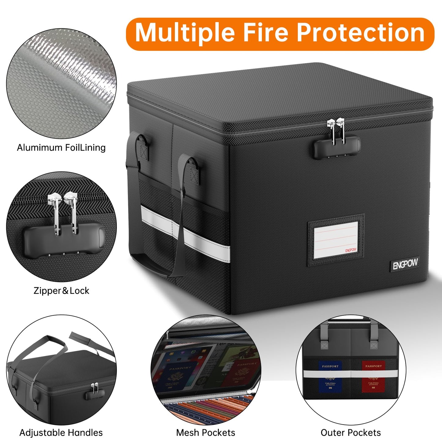 ENGPOW 5200°F Fireproof Document Box with Lock, Heat Insulated Collapsible File Storage Organizer with Handle, Portable Home Office File Cabinet for Hanging Letter/Legal Size Folder, Black