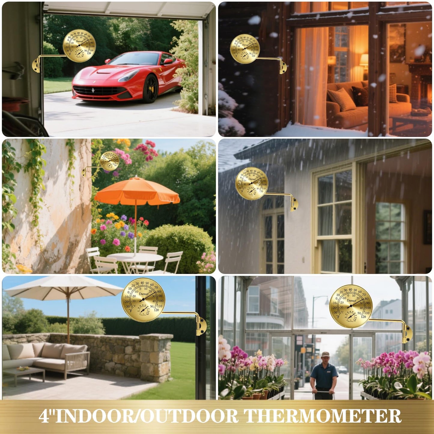 Dunuo 4 Inch Brass Outdoor Thermometer - Analog Temperature Gauge for Patio, Greenhouse, Room, Garage. Solid Brass Swivel Thermometer with Humidity- Golden case (Golden case + Golden dial)