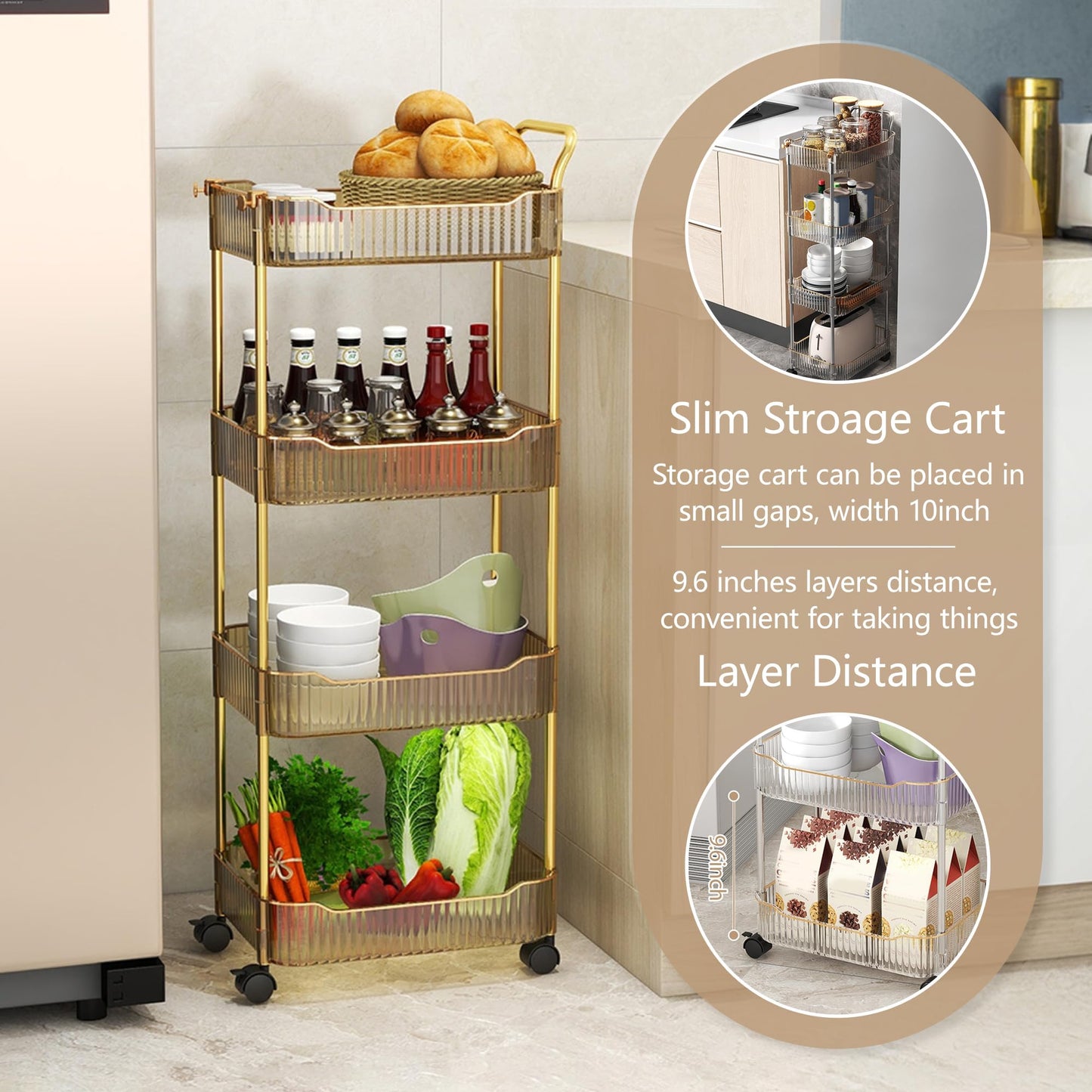 Acrylic Utility Cart, 2 Tier Rolling Trolley with Lockable Wheels Storage Organizer for Kitchen Bathroom Laundry Snack Book,Gold,2 Tier