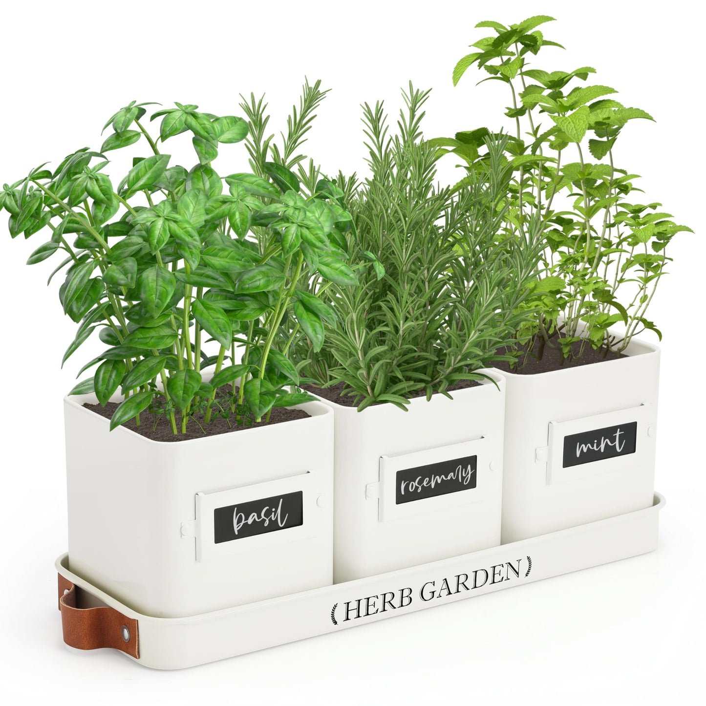 Perfnique Indoor Herb Garden, Herb Planter Set with Tray, Farmhouse Indoor Plant Pots, Windowsill Herb Garden with Drainage(Planter only) for Indoor/Outdoor, Window Pots (White)