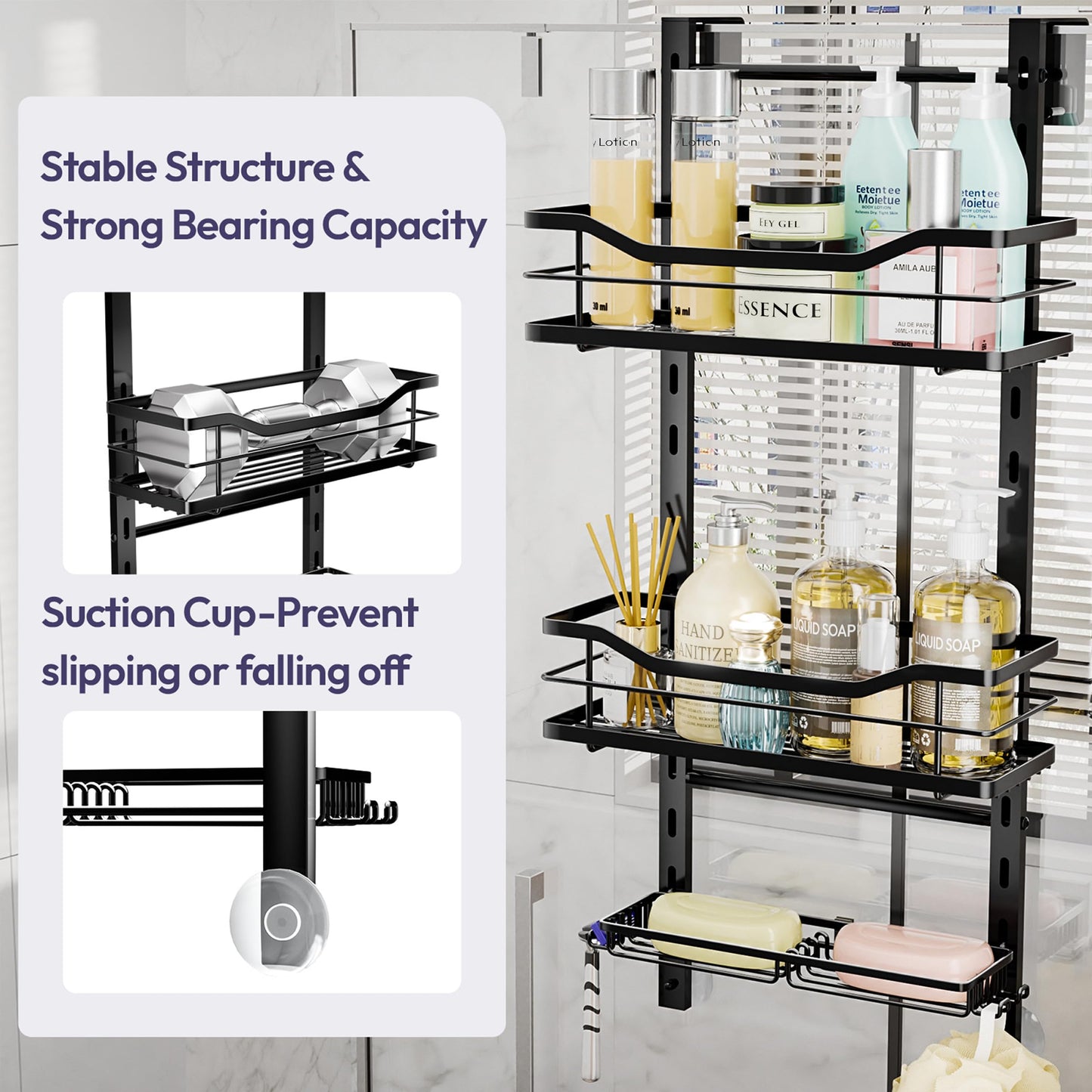 SWTYMIKI Over the Door Shower Caddy - 3 Tier Adjustable Shower Caddy Hanging with Soap Holder, No Drilling Stainless Steel Shower Organizer Hanging for Body Wash, Shampoo, Soap, Razor