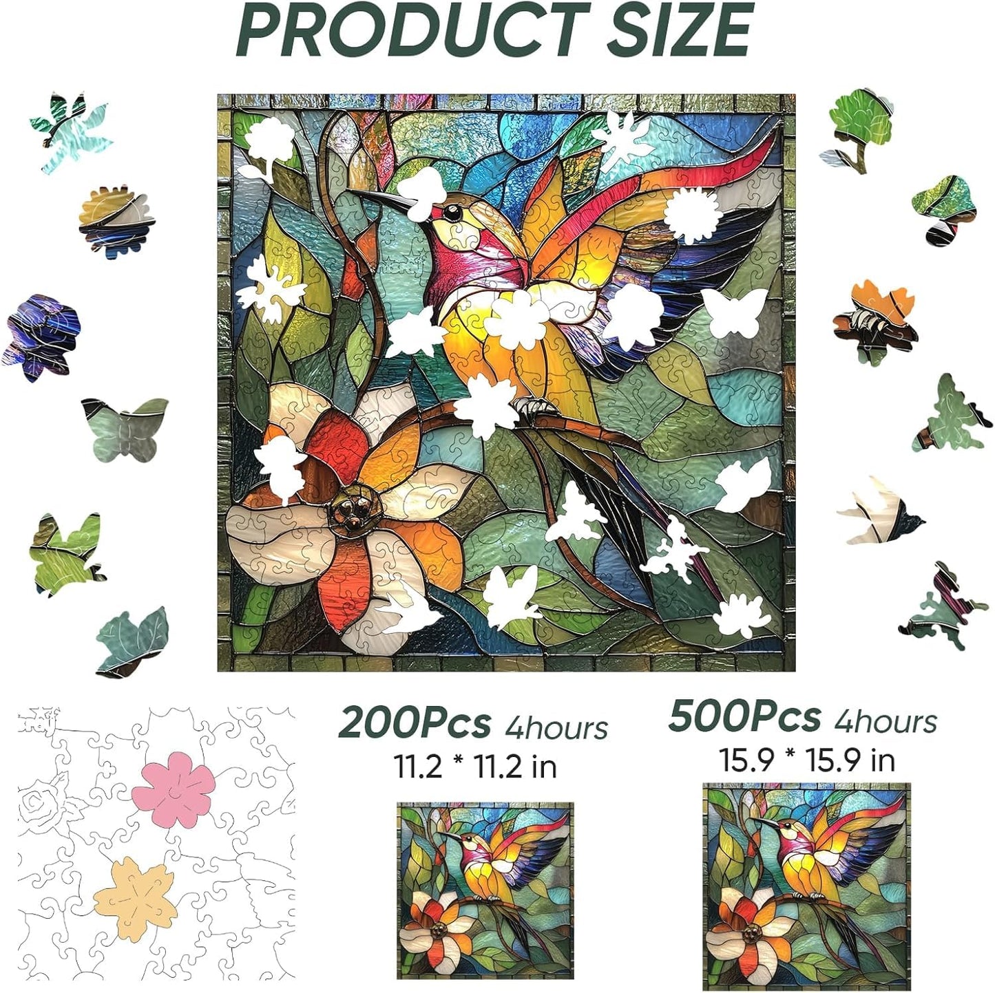 Qiuenisray Wooden Puzzles for Adults 500 Pieces, Hummingbird Flower Jigsaw Puzzles, Unique Shape Adult Puzzles, Irregular Christmas Thanksgiving Gifts for Family Friend(15.9 * 15.9 in)
