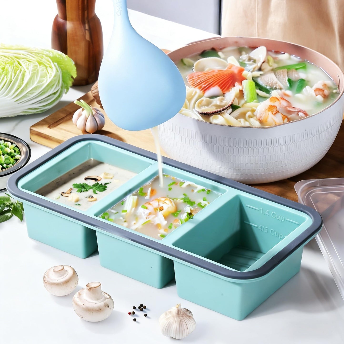 Asaloy 3 Pack （1-1.4-2 Cup）Silicone Food Freezer Molds With Lids,Easy to Release Silicone Soup Freezer Containers Tray for Meal Prepping,Leakproof, Suitable for Dishwasher/Oven/Fridge (Blue)