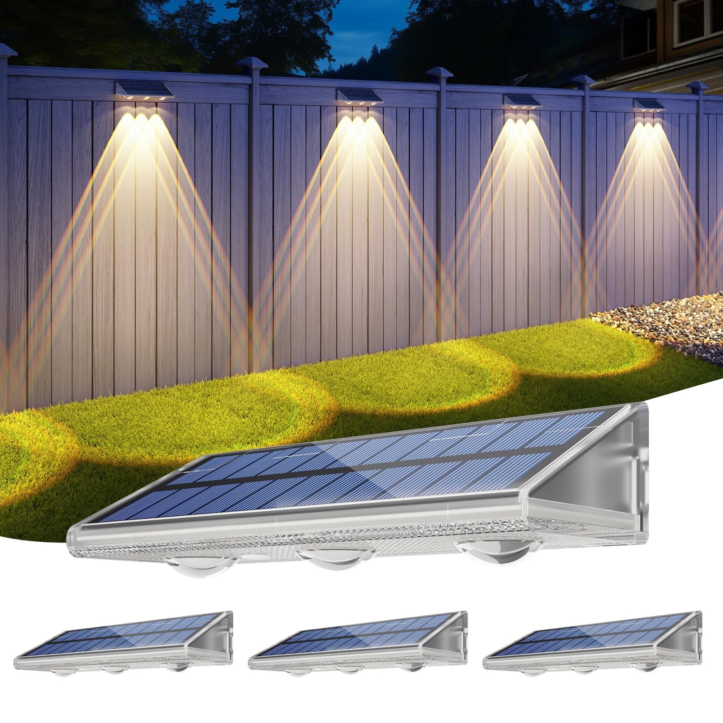Yilaie Solar Lights Outdoor-IP67 Waterproof 3000K/4500K/6500K,High Brightness LED Solar Fence Lights,Solar Wall Light for Outside Backyard/Railing/Step/Patio/Stair Railings/Pool （4 Pack）