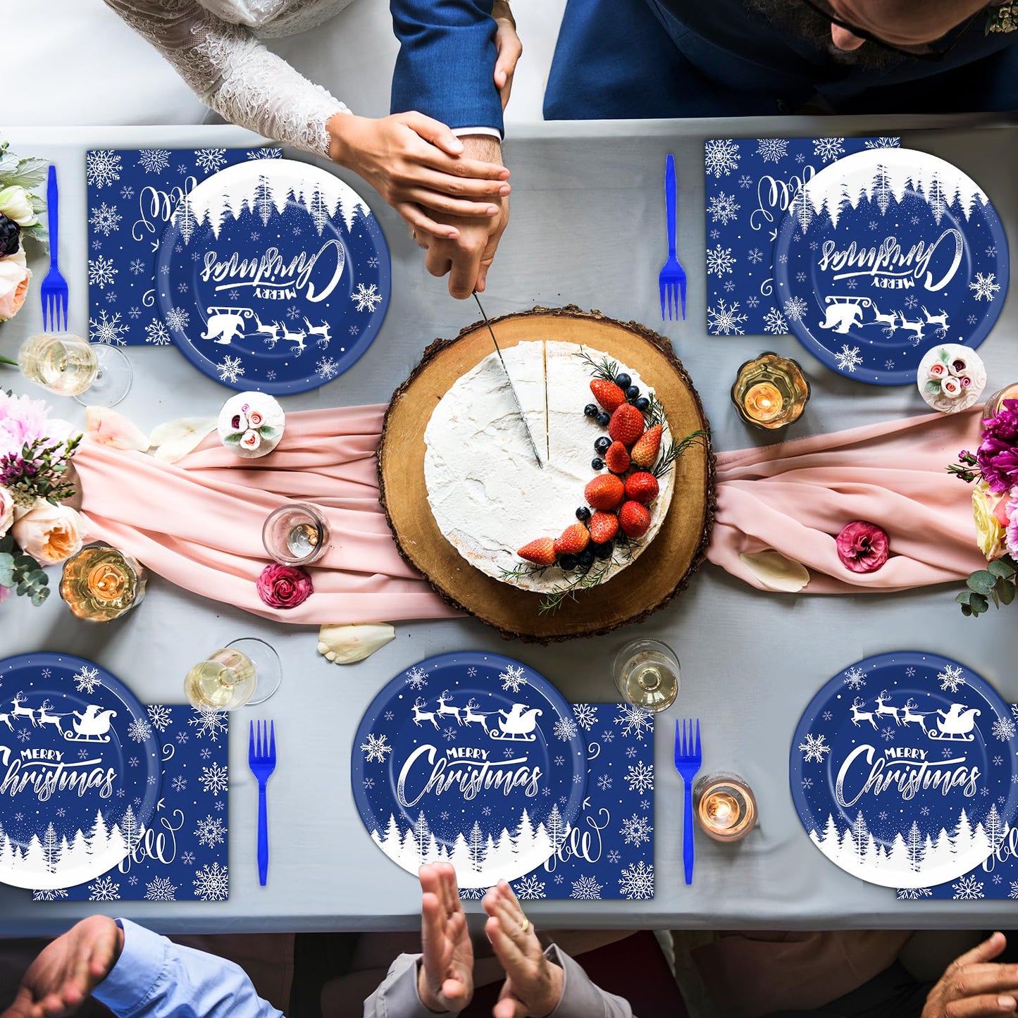 200Pcs Christmas Plates and Napkins Blue Merry Christmas Tableware Set Let it Snow Reindeer Snowflakes Dinnerware Set for Xmas Party Decorations Winter Holiday Birthday Party Serve 50 Guests