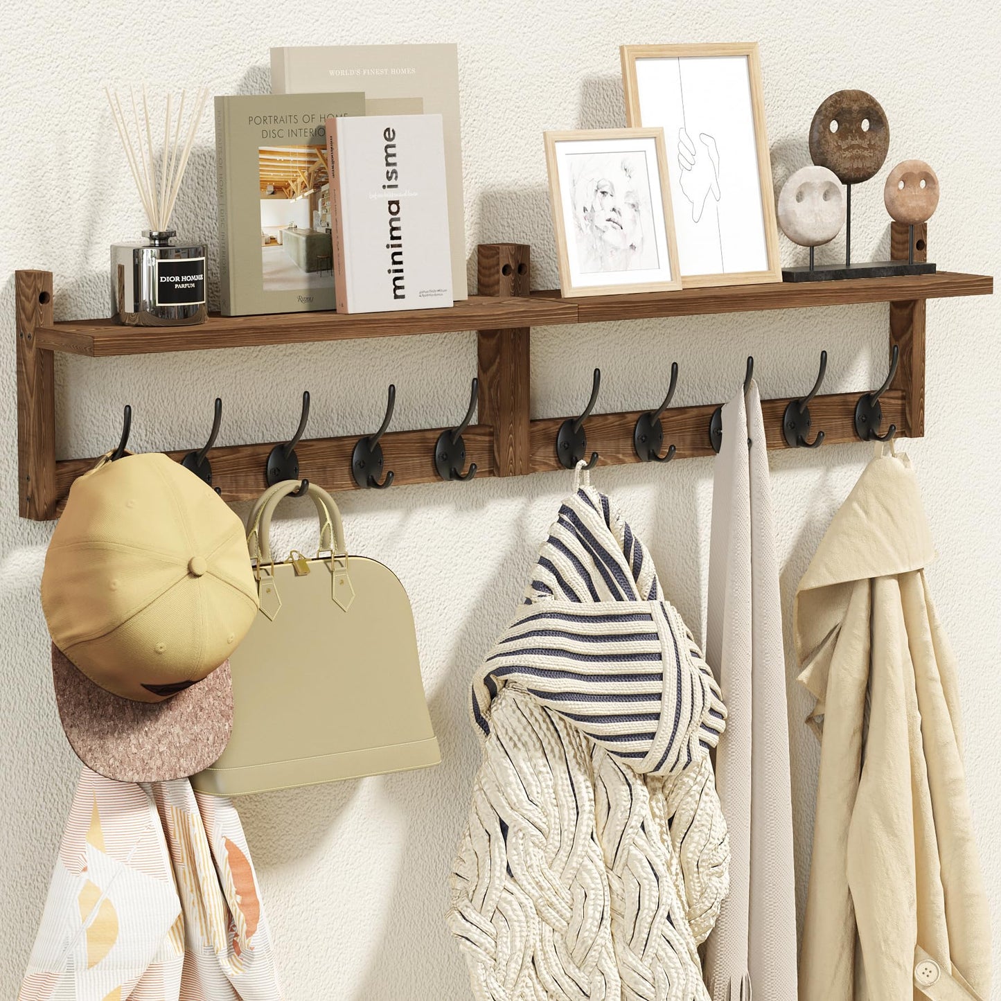 AMBIRD 34.2inch Wooden Extra-Long Wall Hook Rack with Shelf - Versatile and Decorative Wall-Mounted Storage - 10 Hooks for Hanging Coats, Hats, Scarves - Ideal for Entryways, Bedrooms, Closets