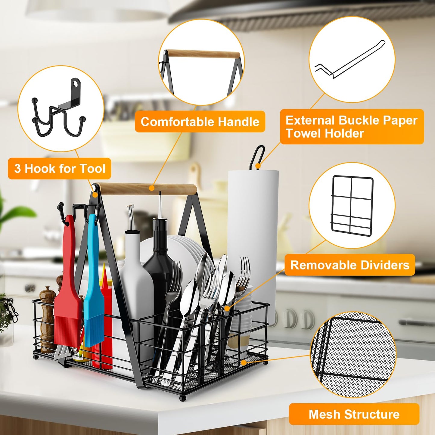 JBBTOOL Grill Caddy with Paper Towel Holder, BBQ Camping Caddy for Plates and Utensils, Picnic Condiment Storage Caddy, RV Patio Camper Must Haves, Outdoor Kitchen Barbecue Accessories