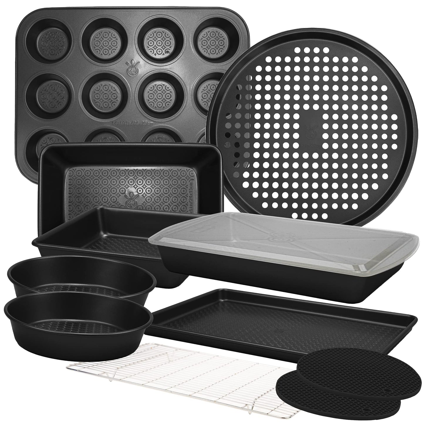 KITCHENATICS 12-PC Baking Pan Set Nonstick, Durable Carbon Steel Baking Sheets for Oven, Nonstick Baking Pans Set with Muffin Pan, Loaf Pan, Pizza Pan, Cookie Sheet Pan - Black Bakeware Sets