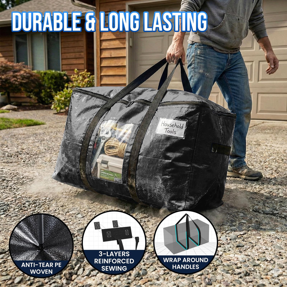TAILI Extra Large Moving Bags, Heavy Duty Totes for Storage with Visible Window, U-Shaped Around Handles, Storage Contrainer Box for Space Saving, Black, 6 Pack