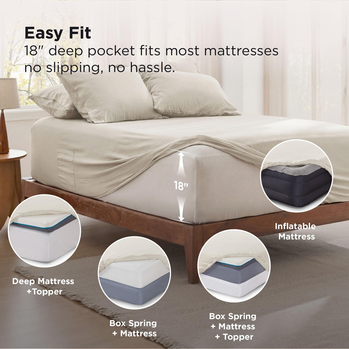 Bedsure Linen Deep Pocket Queen Bed Sheets Set - 6 Pieces Prewashed Ultra-Soft Bed Sheets for Queen Bed, Fits Mattresses Up to 18 Inches Thick, Breathable & Secure Fit, Hotel Luxury Bedding