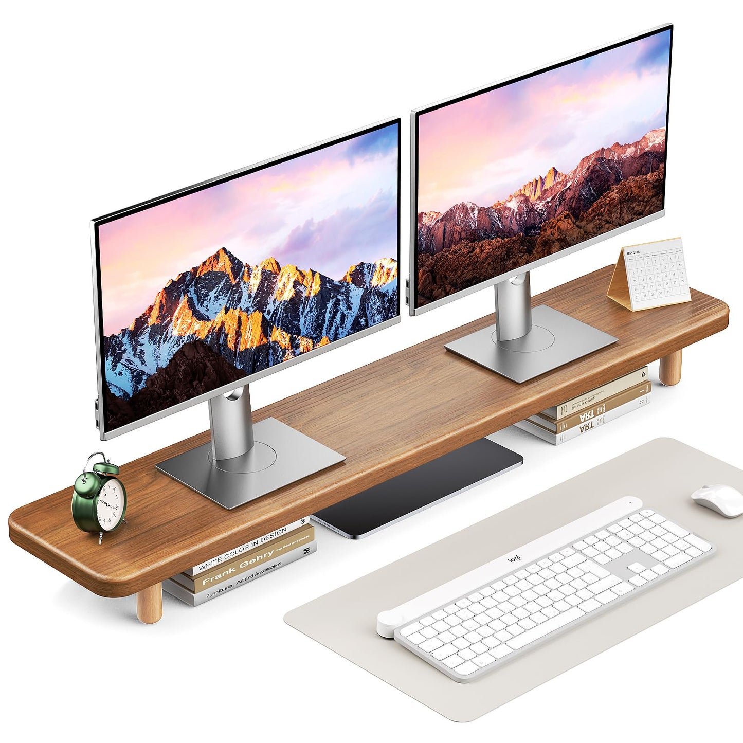 NestNeat Dual Monitor Stand - 100cm Large Wood Monitor Stand Riser, Holds 100kgs Ultra Strong Support for 2 Monitor/Laptop Computer/TV/PC/Printers，Desk Organizer for Gamming Room&Office，Extension Monitor Stand Riser